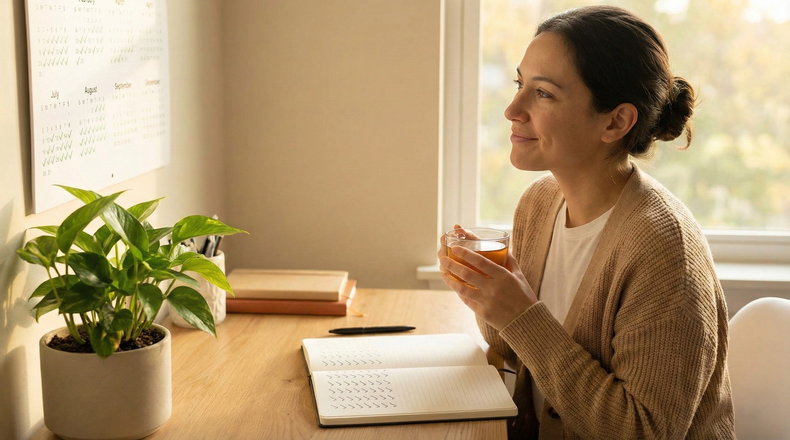 A peaceful person looking at a wall calendar filled with consistent checkmarks next to a healthy plant, representing the