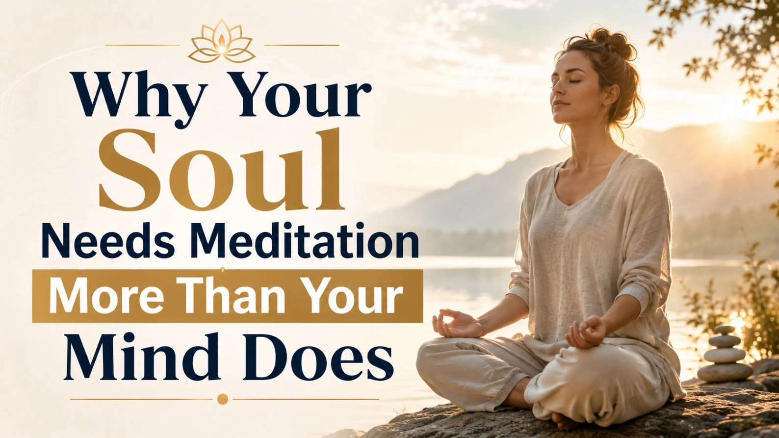 A peaceful woman meditating by a calm lakeside at sunrise with bold text reading “Why Your Soul Needs Meditation More Than Your Mind Does,” symbolizing spiritual meditation, inner peace, and soul healing.