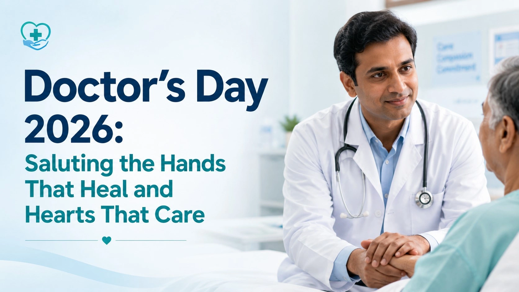 Doctor’s Day 2026 banner showing an Indian doctor compassionately holding an elderly patient’s hand, with the title “Saluting the Hands That Heal and Hearts That Care.”