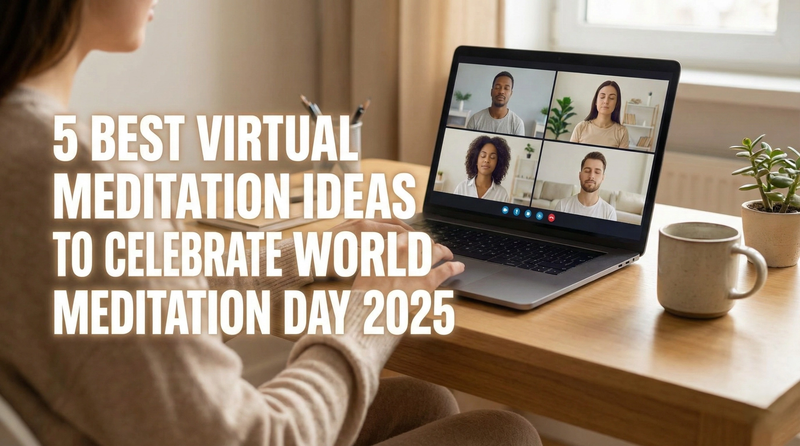 Remote employee participating in a virtual group meditation session on a laptop screen, with the blog title overlay: 5 Best Virtual Meditation Ideas to Celebrate World Meditation Day 2025.