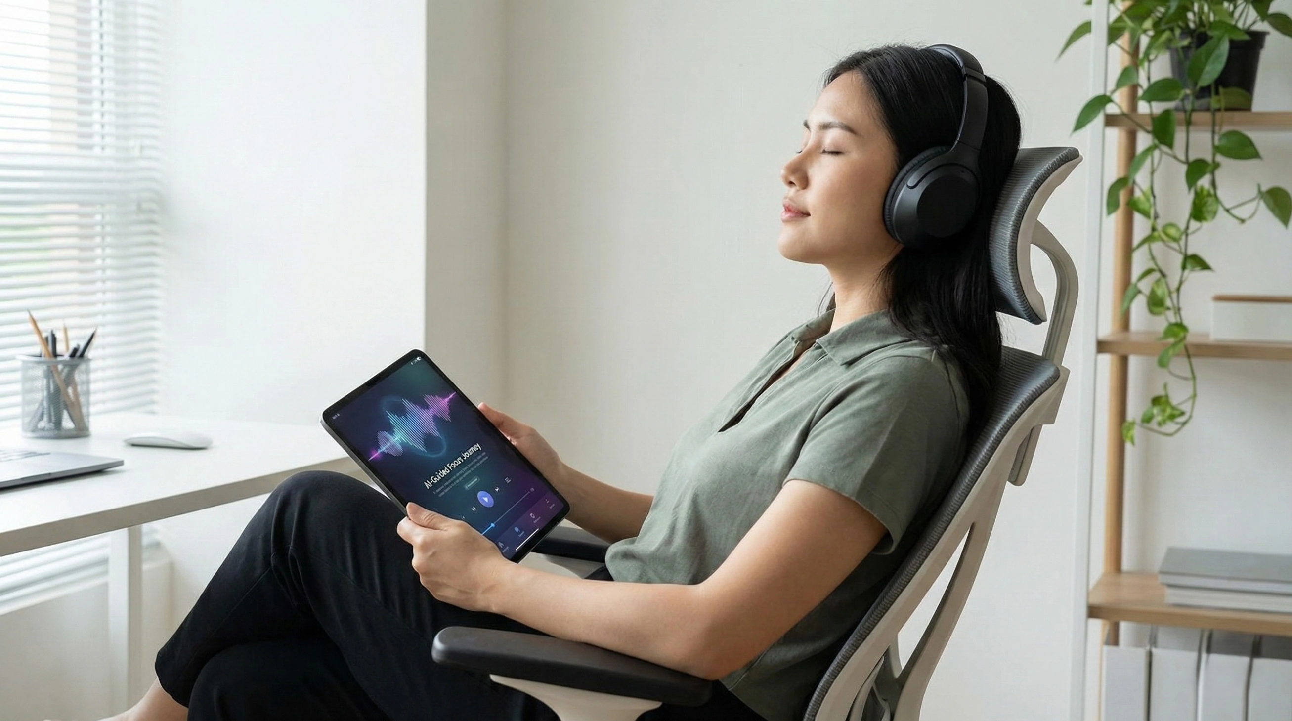 A remote worker relaxing in a home office chair, eyes closed, listening to an AI-guided meditation app on a tablet with headphones.