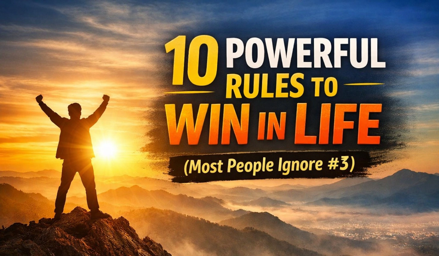 Bold motivational thumbnail showing a person standing on a mountain peak at sunrise with raised arms, symbolizing success and victory, with large text “10 Powerful Rules to Win in Life (Most People Ignore #3)” in bright, high-contrast colors.