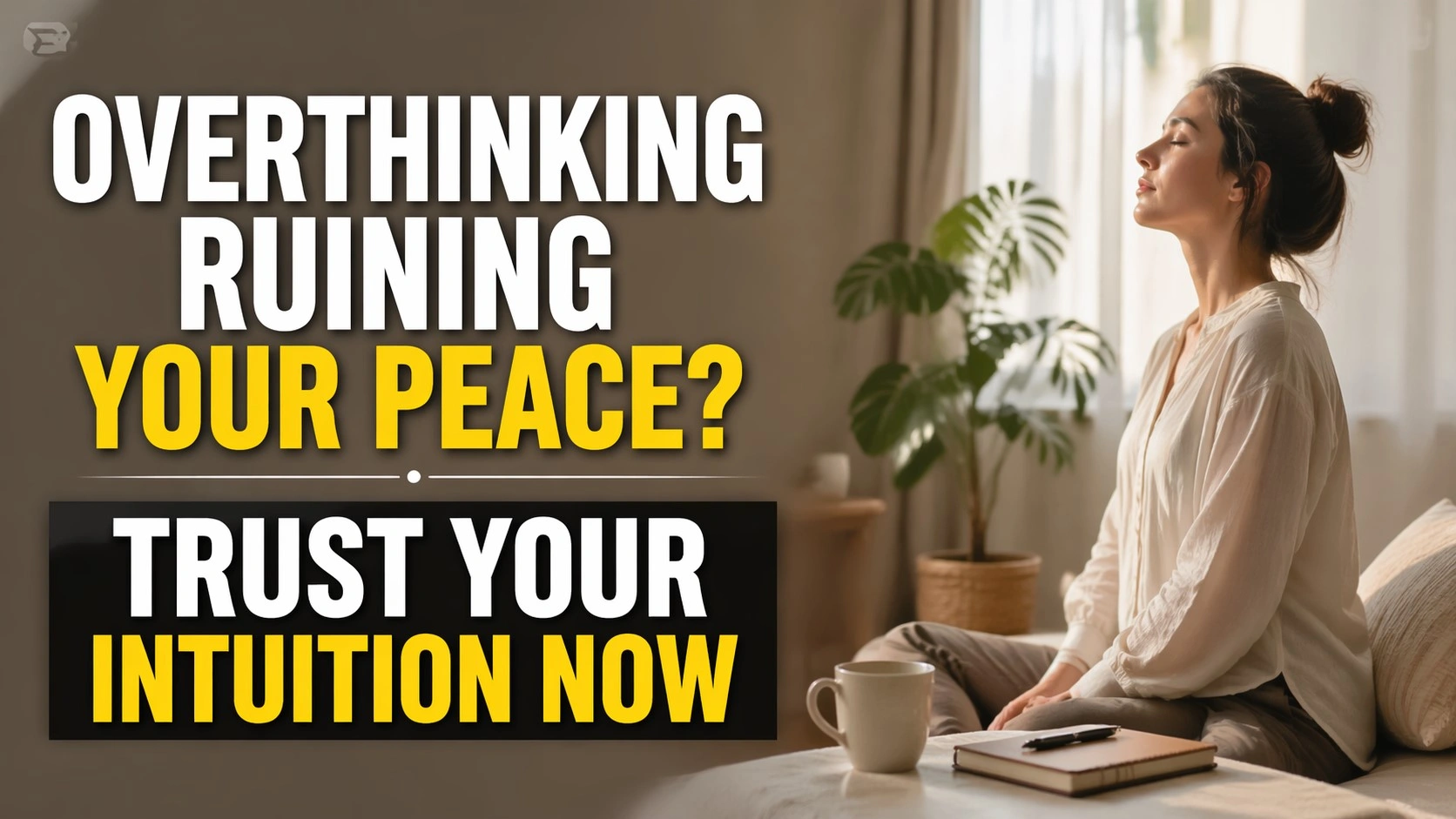 A clean, realistic 16:9 thumbnail showing a calm woman sitting on a bed with eyes closed in a peaceful, sunlit room, symbolizing mindfulness and inner clarity. On the left side, bold text reads: “Overthinking Ruining Your Peace? Trust Your Intuition Now,” with “Your Peace” and “Intuition Now” highlighted in yellow for emphasis.