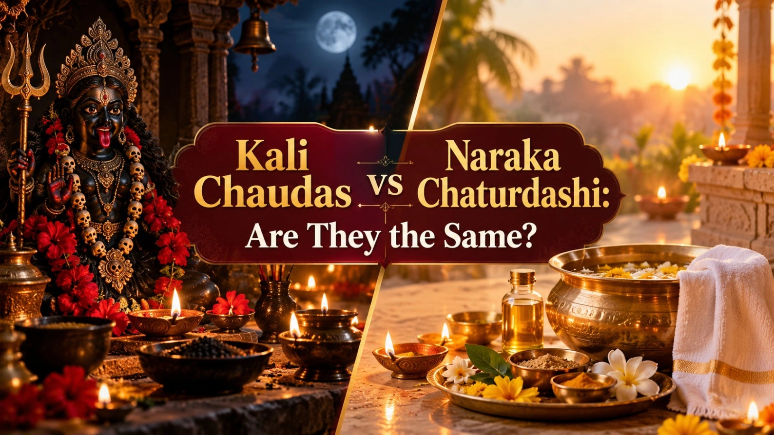 Kali Chaudas vs Naraka Chaturdashi comparison showing Goddess Kali night worship on one side and early morning Abhyang Snan puja with diyas and ritual items on the other.