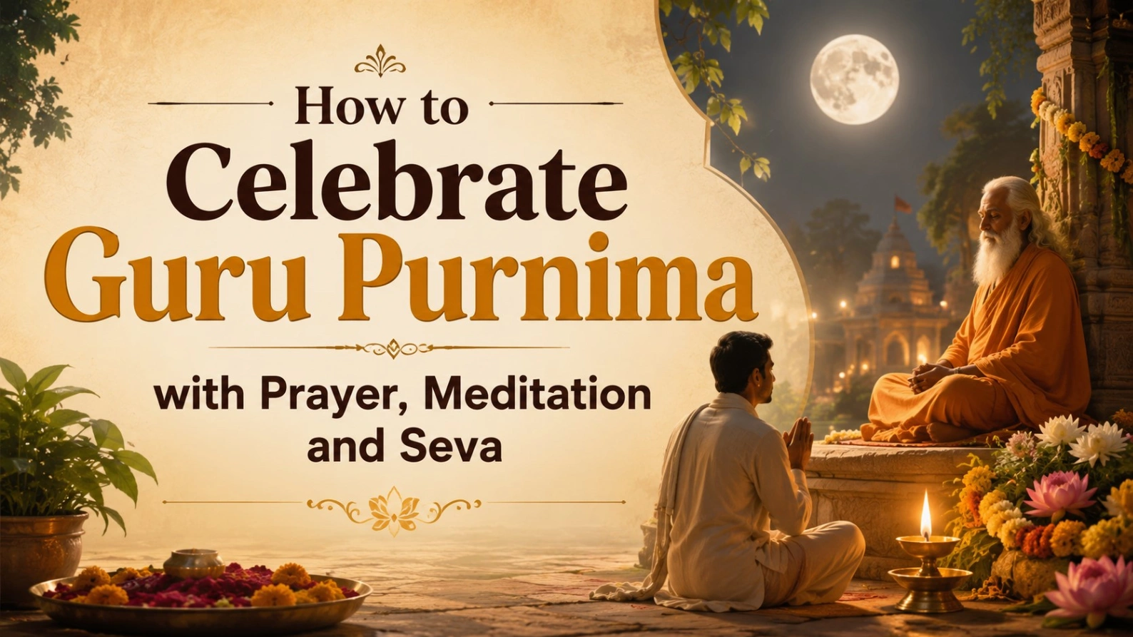 Guru Purnima celebration with prayer, meditation and seva, showing a disciple offering gratitude to a spiritual Guru under the full moon with diya and flowers.