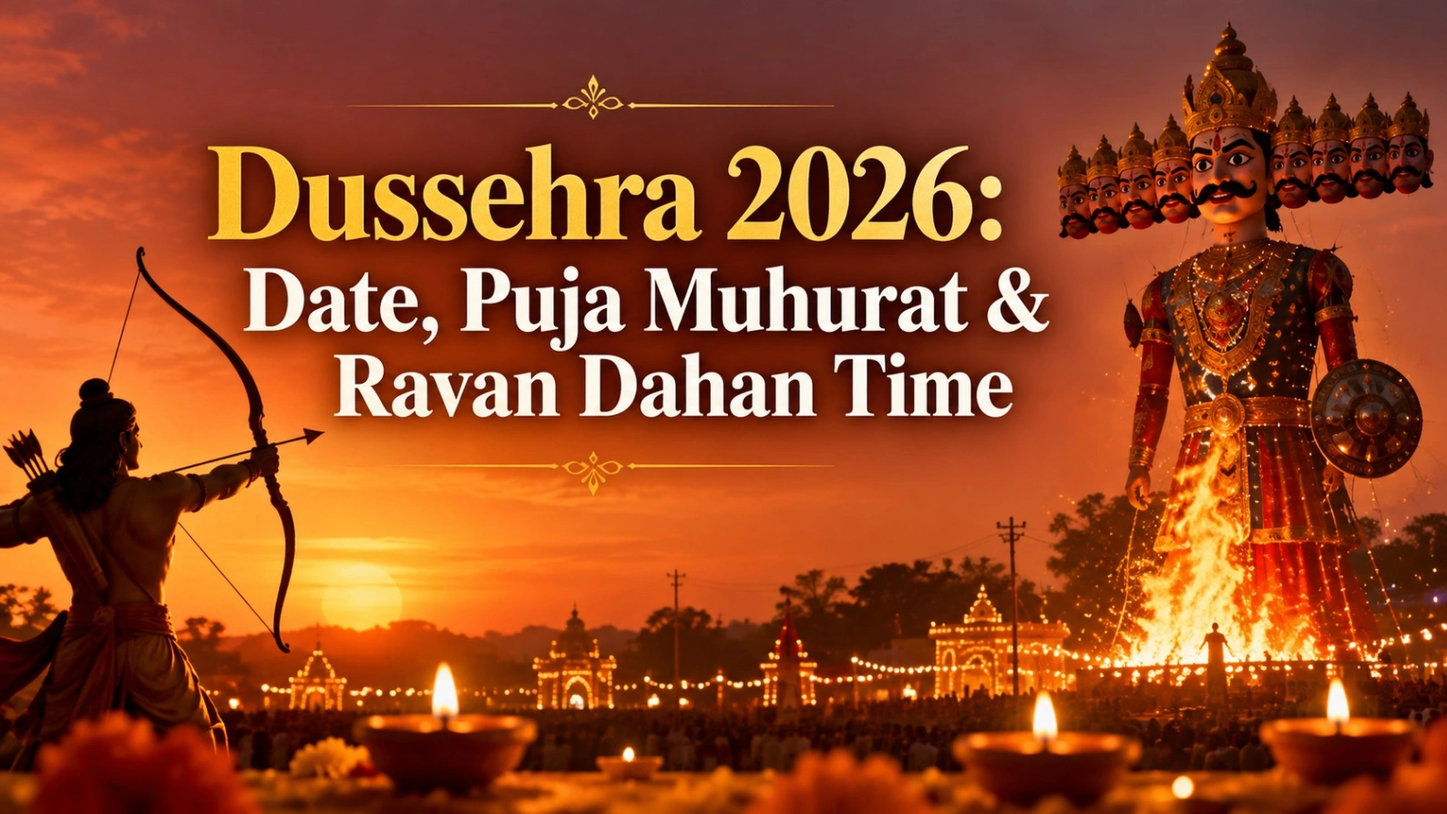 Dussehra 2026 banner featuring Lord Rama aiming an arrow at a burning Ravana effigy, with the title “Dussehra 2026: Date, Puja Muhurat & Ravan Dahan Time.”