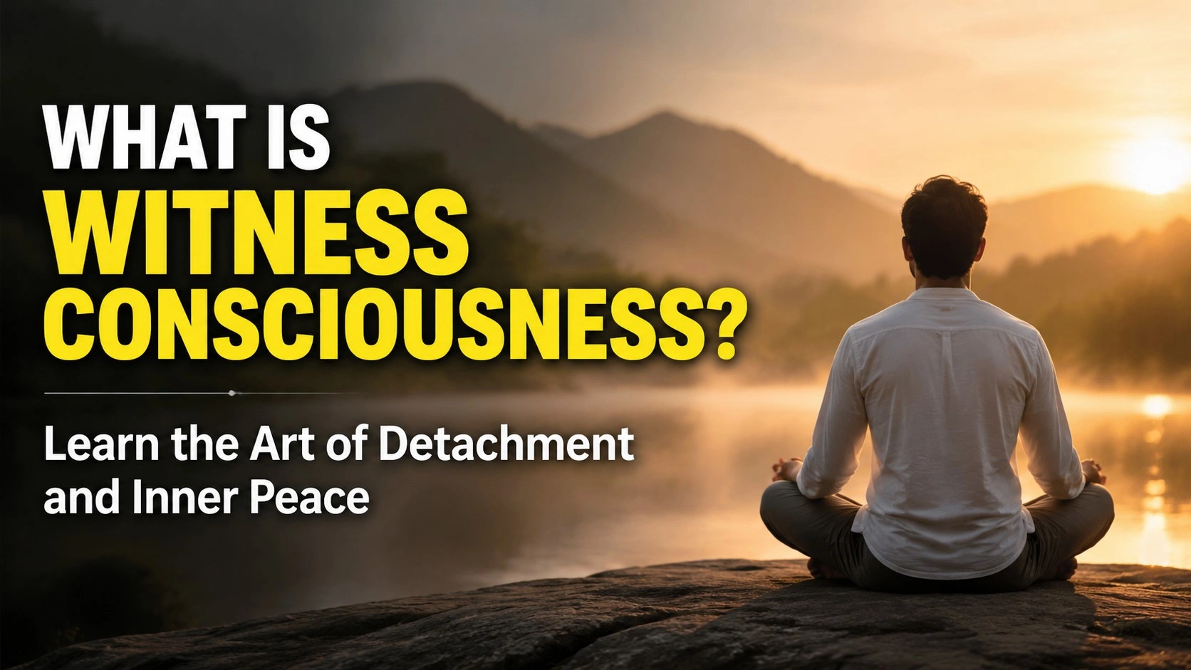 A person meditating peacefully beside a calm lake during sunrise with mountains in the background, representing witness consciousness, inner peace, self-awareness, and the practice of spiritual detachment. The image includes the title “What Is Witness Consciousness?” and highlights awareness meditation.