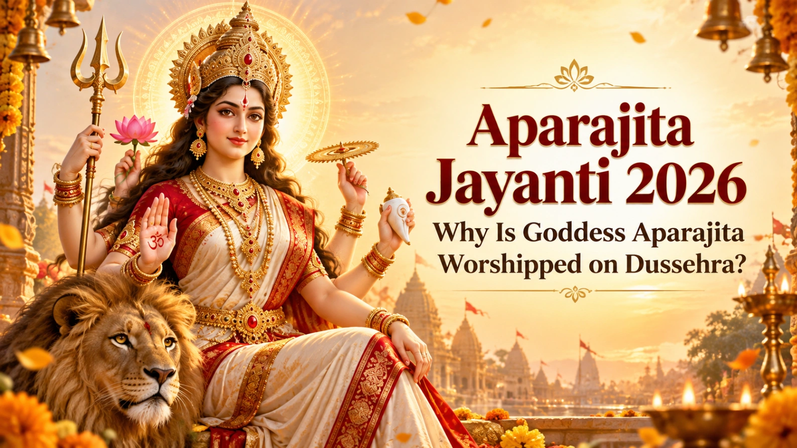 Goddess Aparajita depicted in a radiant golden Dussehra setting with a lion, lotus, trident and divine aura, alongside the title “Aparajita Jayanti 2026: Why Is Goddess Aparajita Worshipped on Dussehra?”