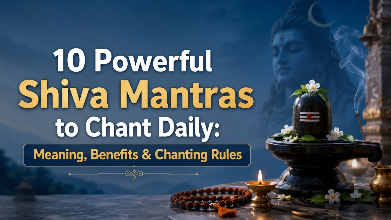 10 Powerful Shiva Mantras to Chant Daily with Shiva Lingam, Lord Shiva, rudraksha beads, diya, and incense, highlighting meaning, benefits, and chanting rules.