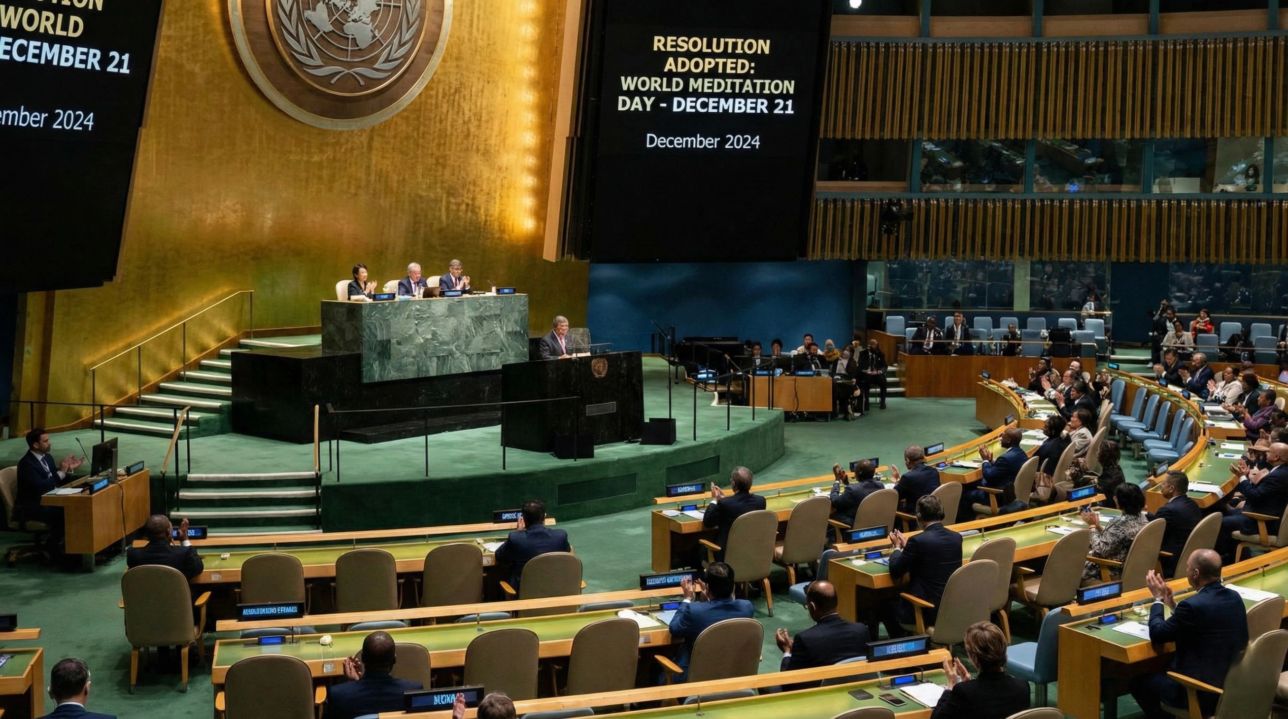 A wide-angle photograph of the United Nations General Assembly hall in New York, where delegates are applauding after adopting the resolution to designate December 21st as World Meditation Day. A large screen displays the text