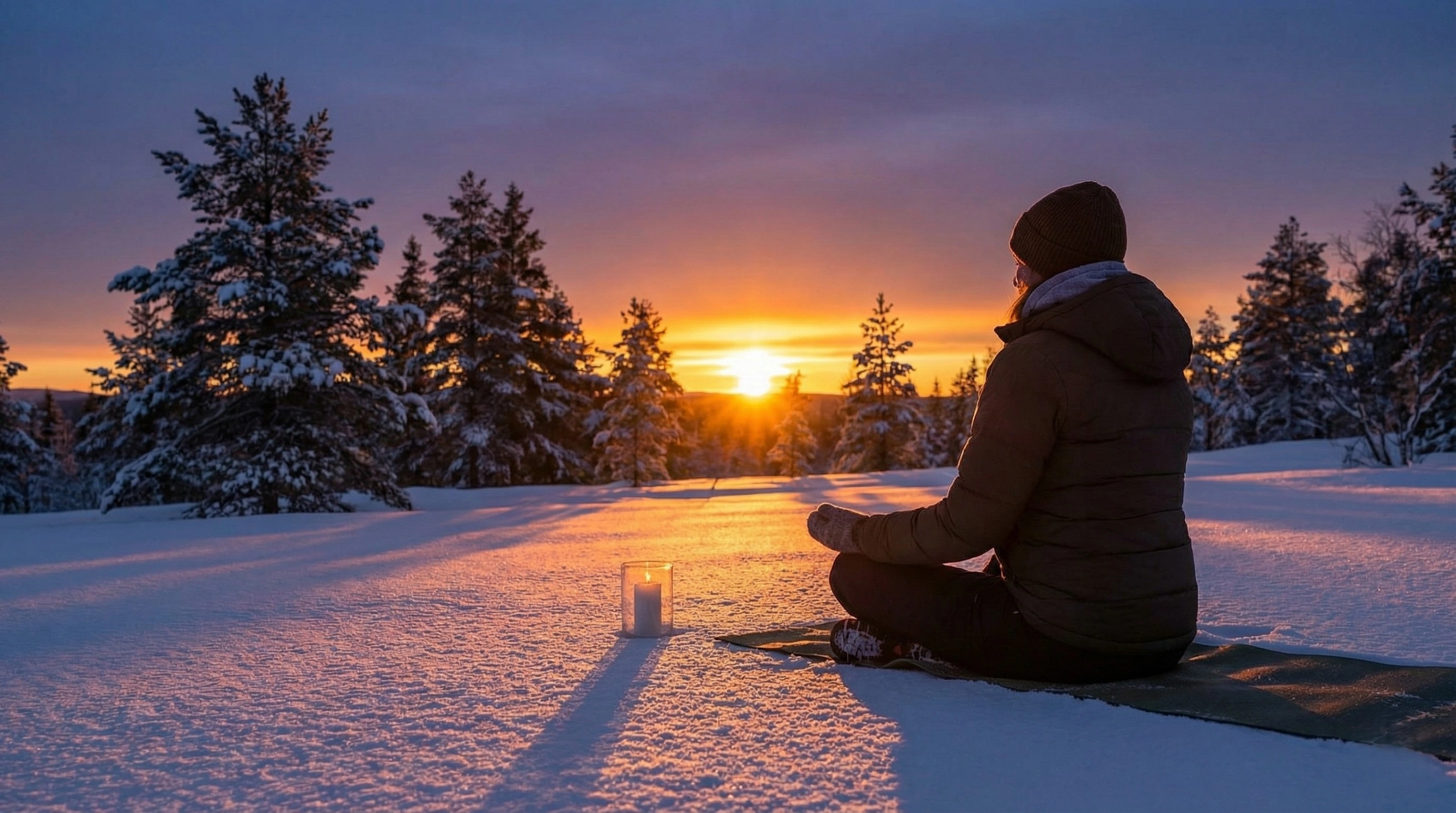 A person in warm clothing sits in a meditative pose on a mat in a snow-covered field during a vibrant winter sunset, with a single lit candle placed on the snow in front of them, symbolizing the return of light on the solstice