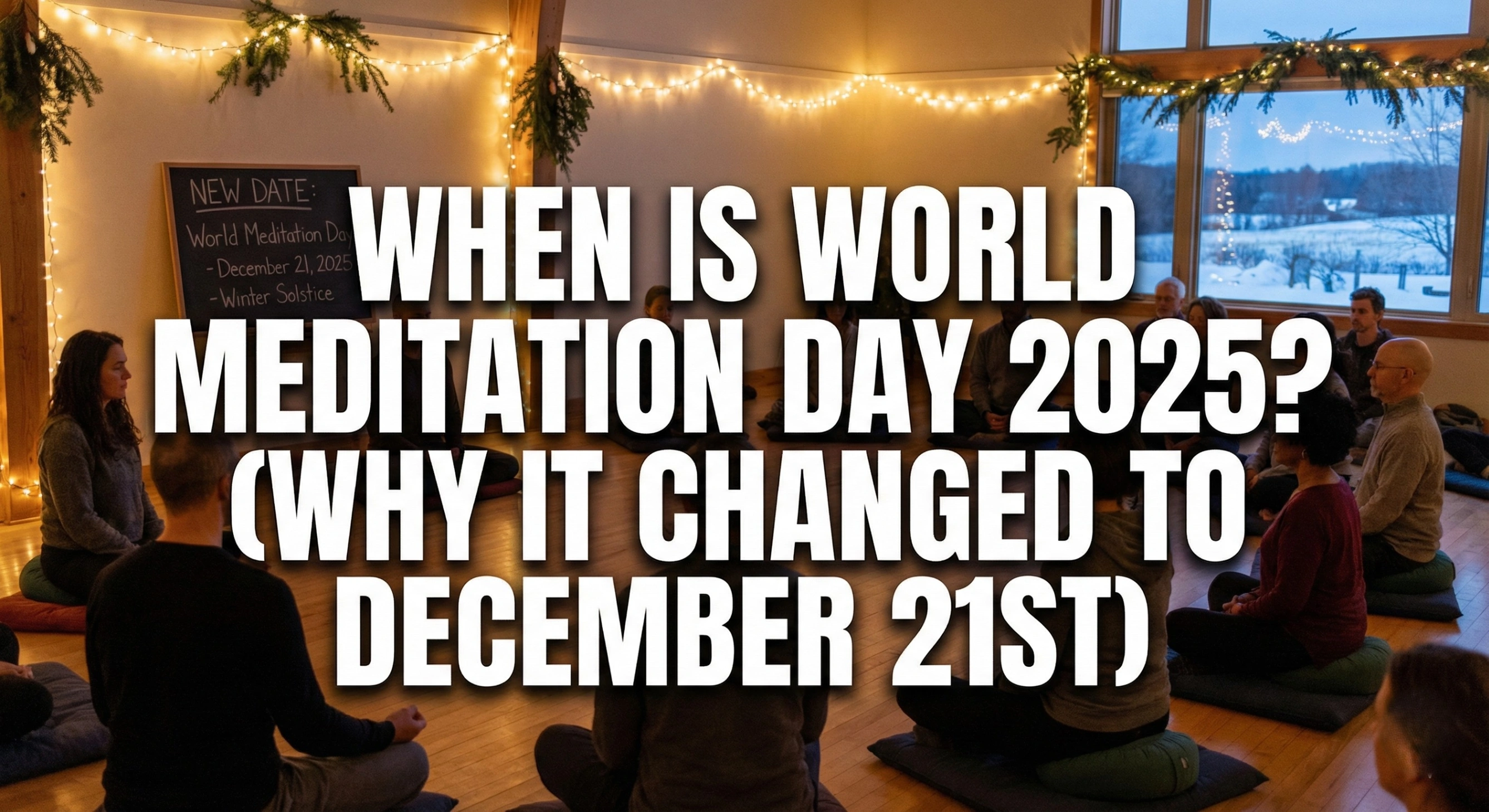 A realistic blog cover image featuring a diverse group of people meditating in a cozy, warm room with a snowy winter background, overlaid with the bold title text: