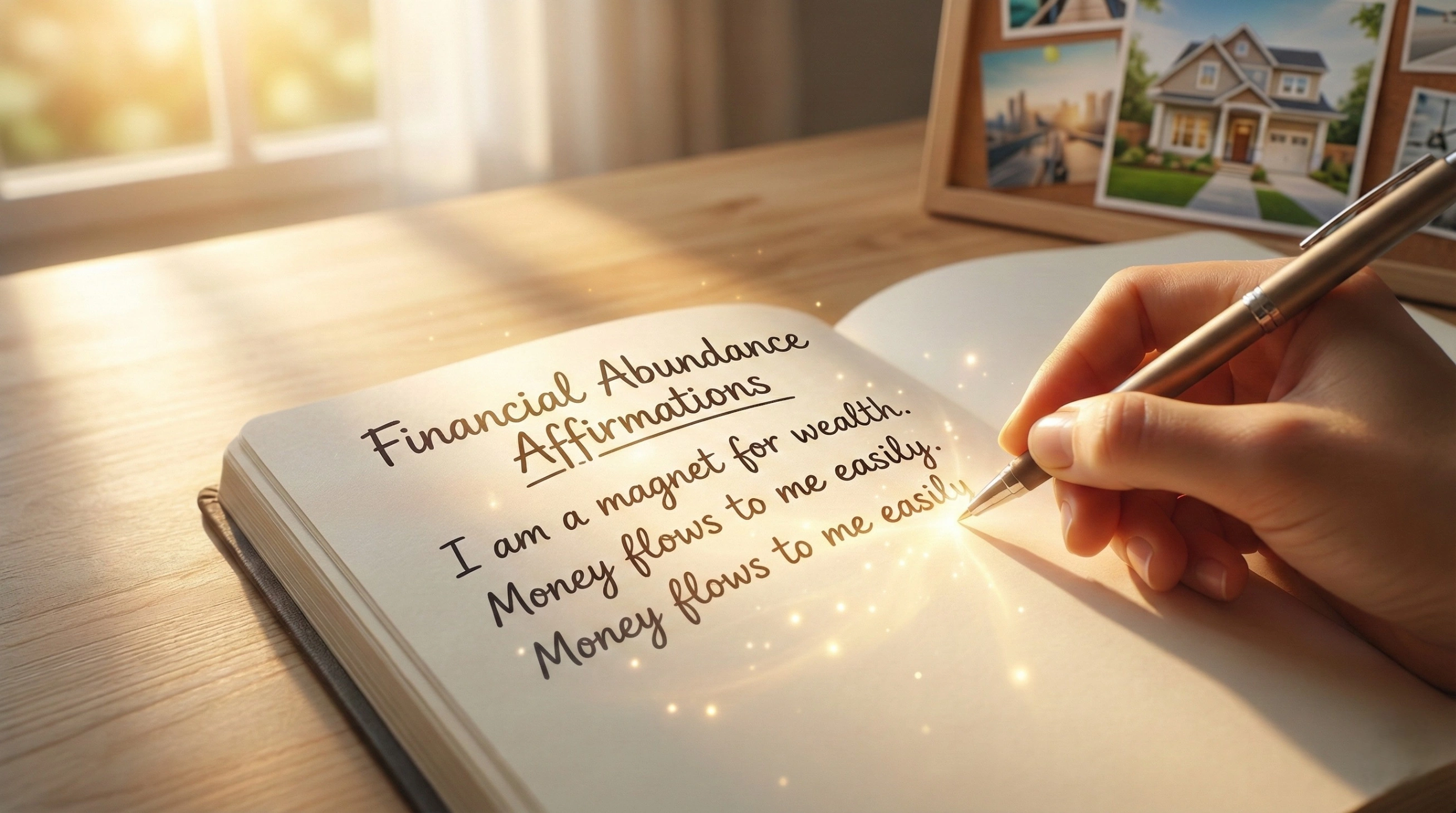 Close-up of a hand writing in a journal on a wooden desk bathed in warm, golden morning sunlight. The scene includes a pen and the edge of a vision board, symbolizing the practice of scripting financial affirmations and setting intentions.