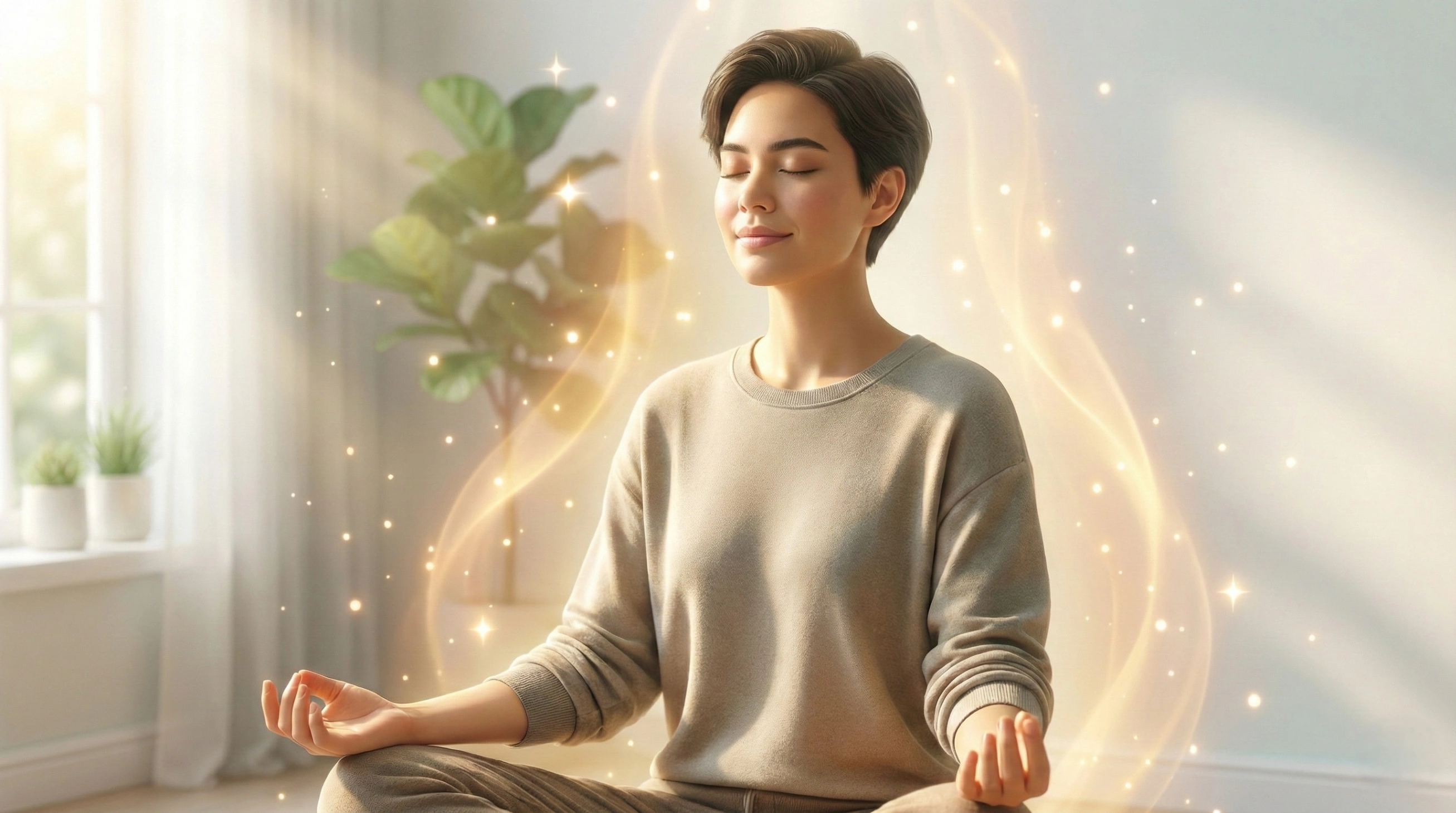 Close-up portrait of a realistic woman meditating with a peaceful smile and eyes closed. She is surrounded by a gentle, glowing golden aura and subtle sparkling light particles, representing inner calm and spiritual alignment for manifestation.