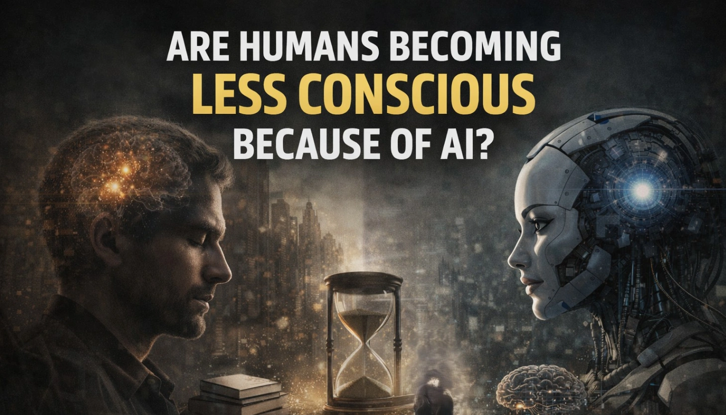 Realistic 16:9 blog thumbnail showing a human and a humanoid AI facing each other with an hourglass in the center, symbolizing time and consciousness. The background is dark and muted with a cityscape texture. Large bold headline text reads: “ARE HUMANS BECOMING LESS CONSCIOUS BECAUSE OF AI?” with “LESS CONSCIOUS” highlighted prominently.