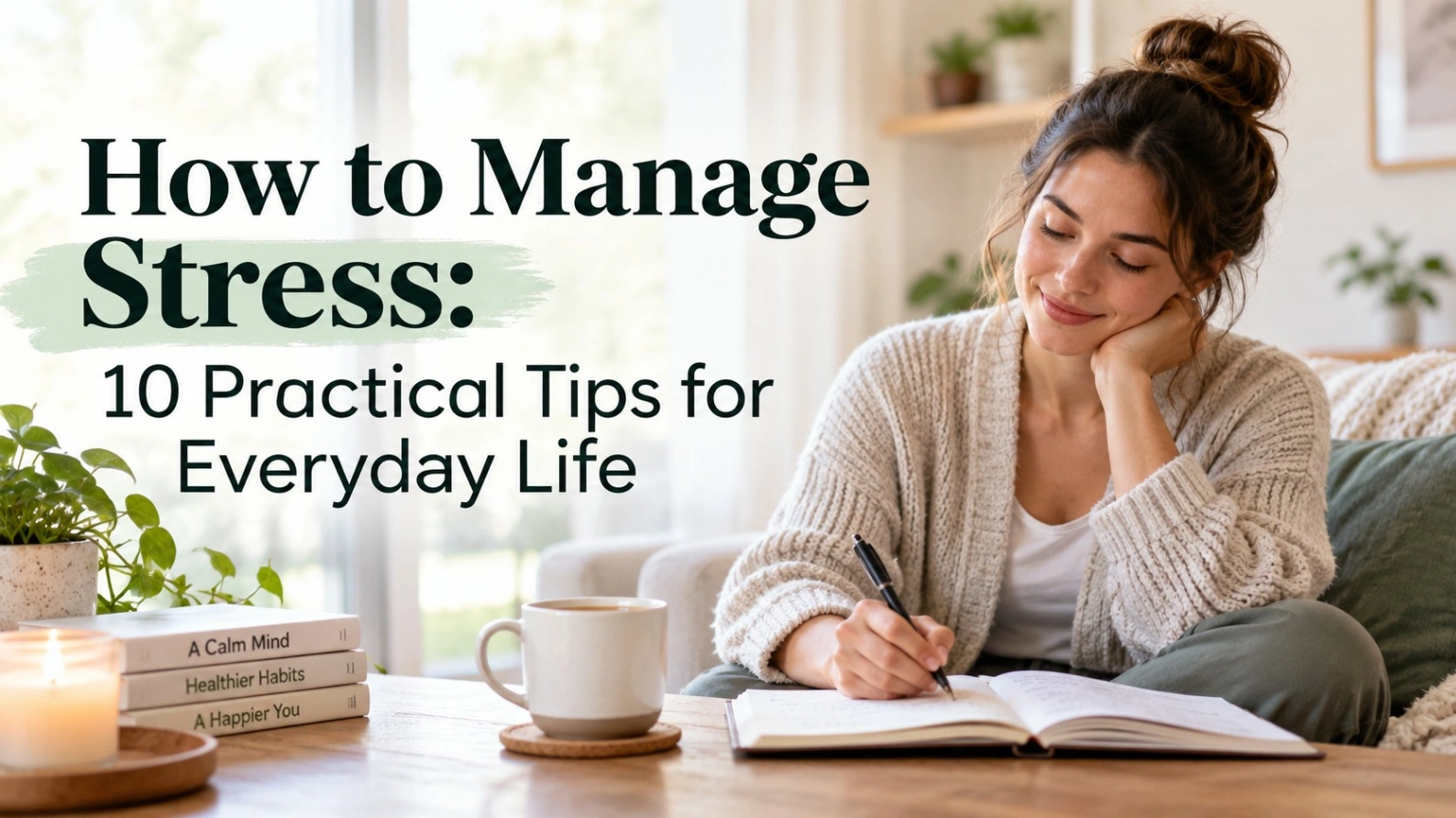 Stress management concept showing a woman journaling calmly at home with tea and a peaceful setting, representing practical ways to reduce everyday stress.