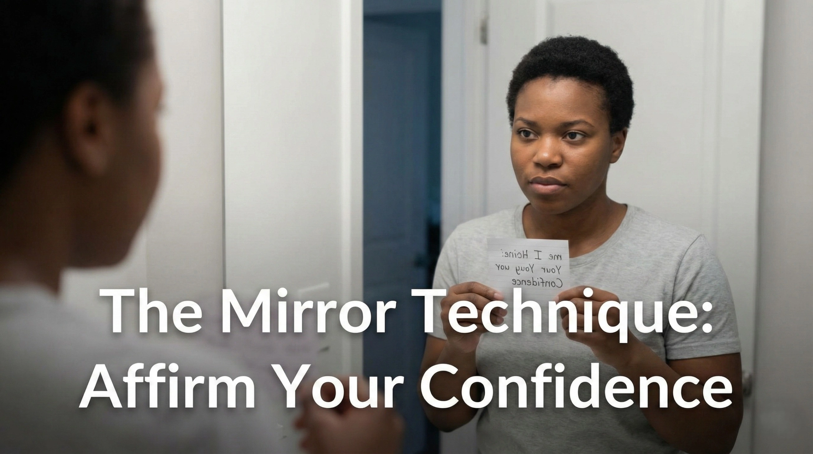 A person looking in a bathroom mirror, holding a note with a positive affirmation, practicing the mirror technique.