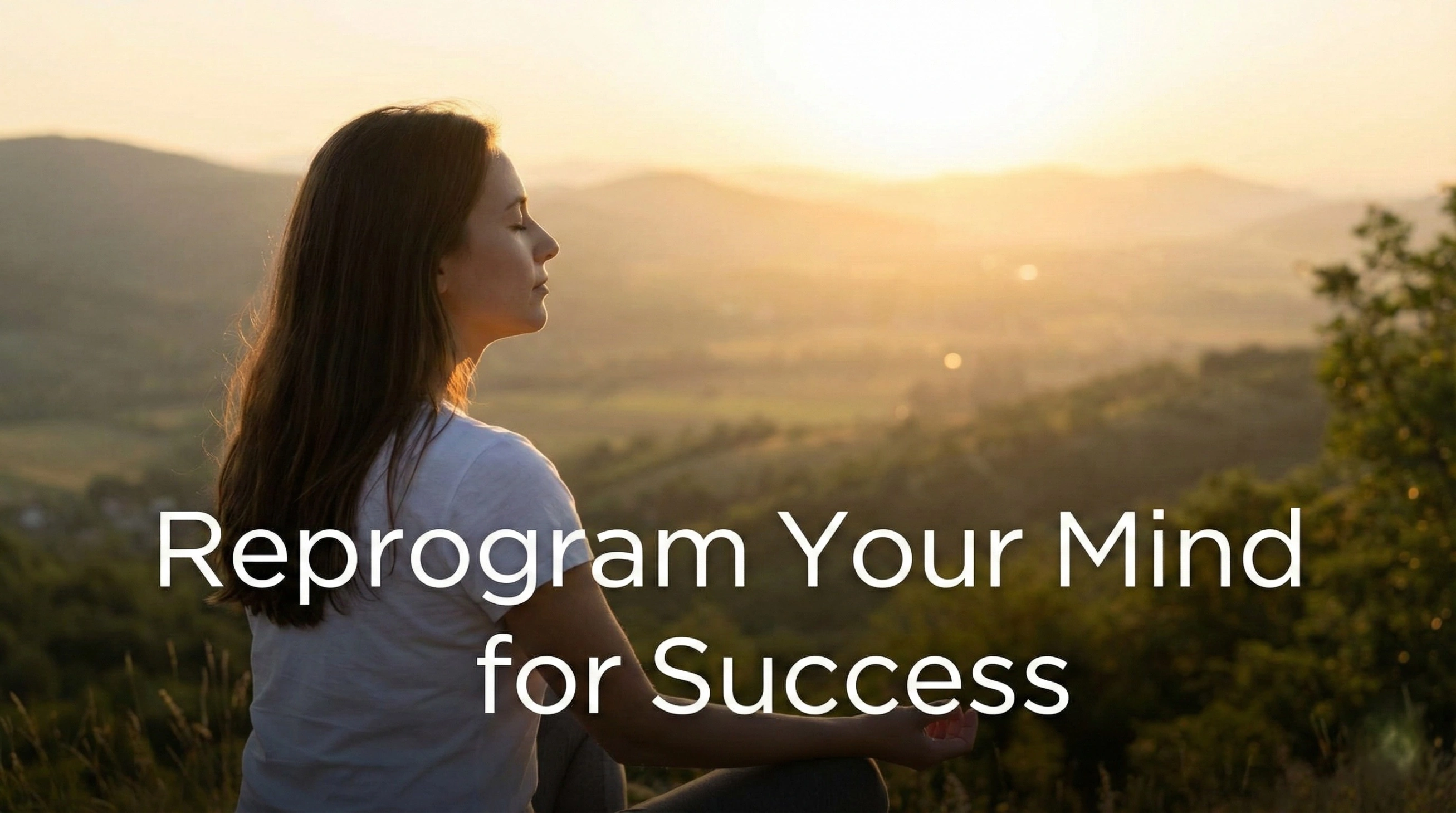 A person meditating in a peaceful, natural setting at sunrise to reprogram their mind for success.