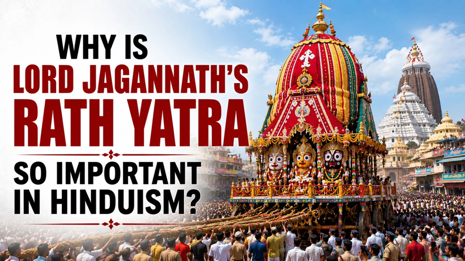 Realistic 16:9 banner featuring the grand chariot of Lord Jagannath during the Puri Rath Yatra with bold title text: