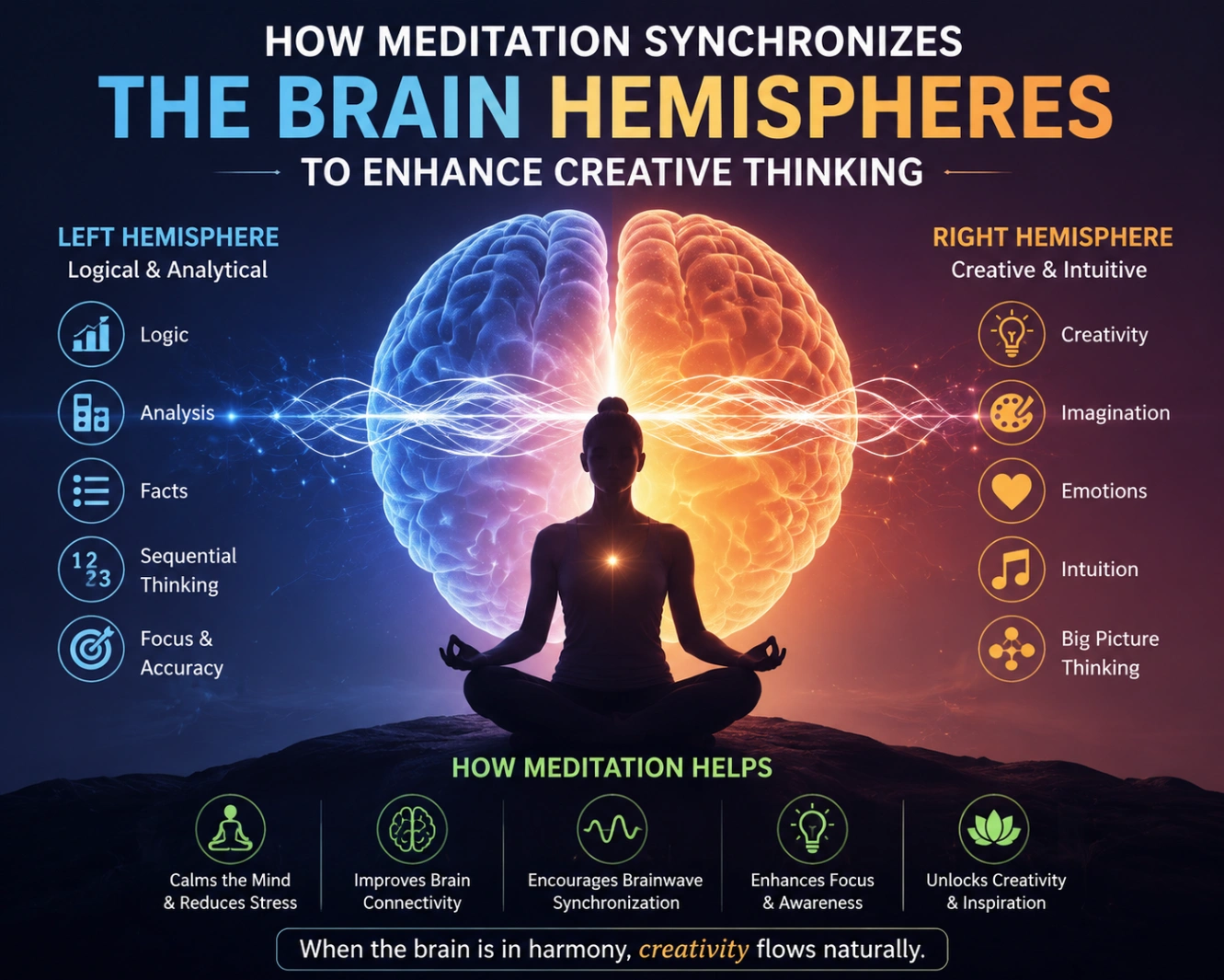 **Alt Text:** How meditation synchronizes the brain hemispheres to enhance creative thinking, showing a meditating person with a glowing brain divided into logical and creative hemispheres, illustrating brain connectivity, mindfulness, focus, and creativity.