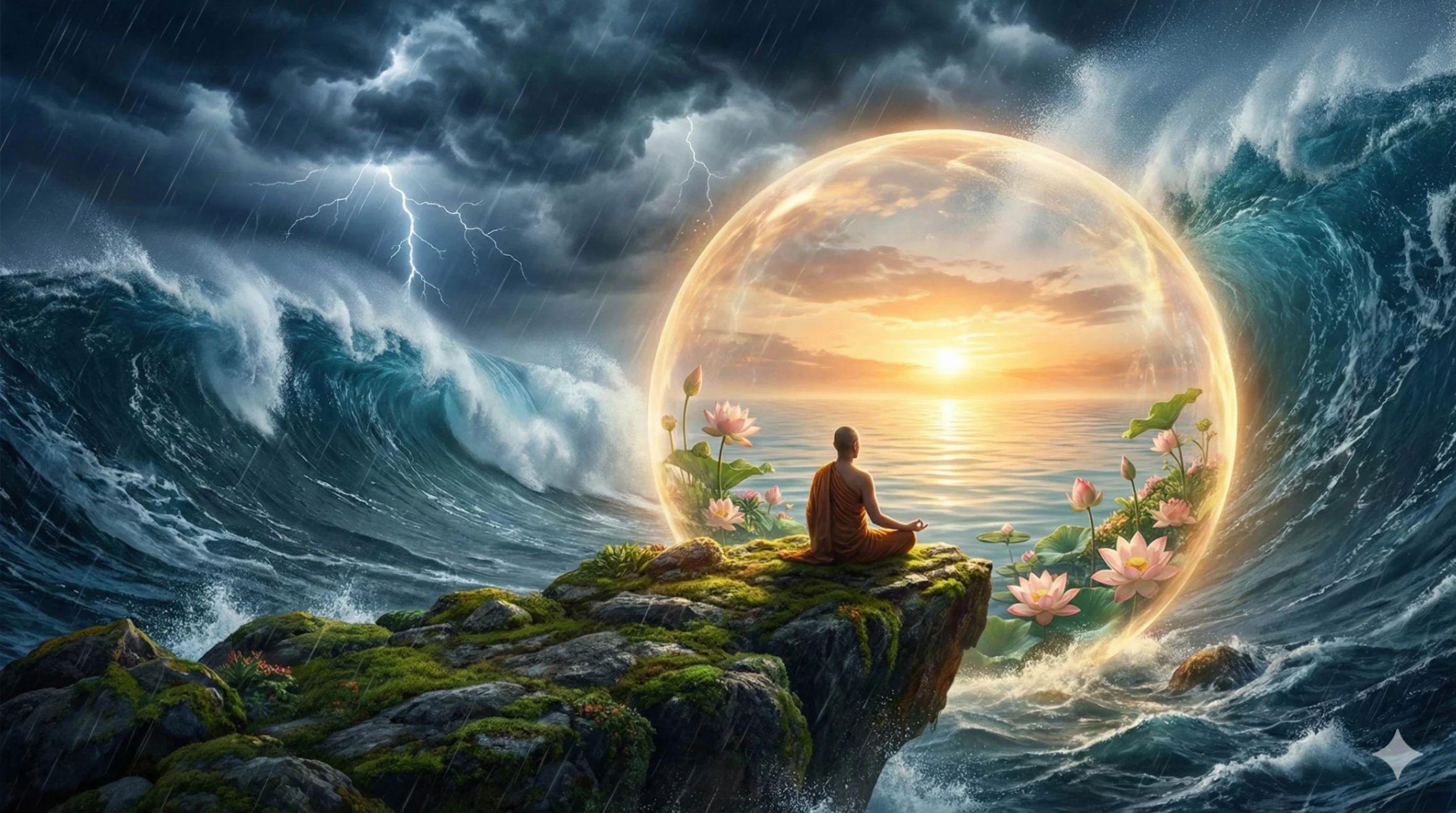 A serene illustration of a person meditating in a tranquil nature setting surrounded by soft golden light. The scene represents finding inner peace and mental clarity through mindfulness, offering a visual contrast to a chaotic world.