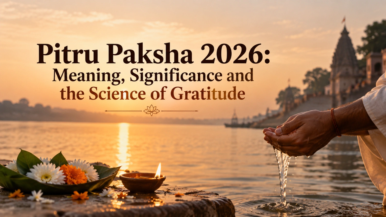 Pitru Paksha 2026 ritual with diya, flowers, and water offering symbolizing gratitude towards ancestors.