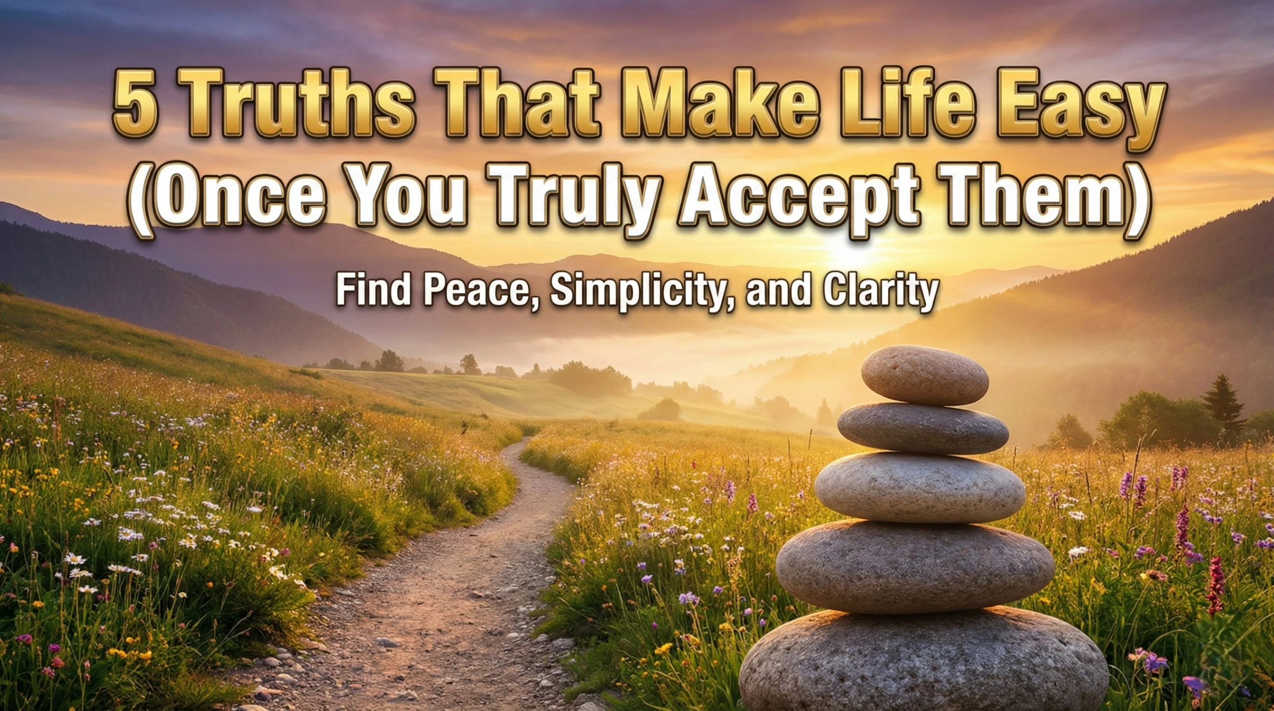 5 Truths That Make Life Easy blog post main image showing a peaceful mountain sunrise, a nature path, and balanced rocks representing clarity and simplicity.