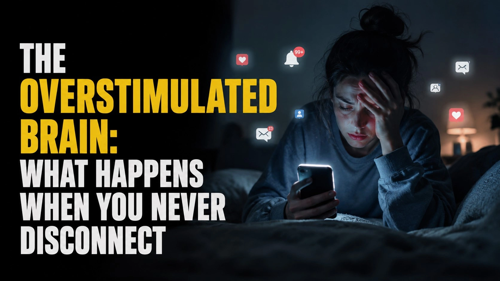 A stressed young woman looks at her glowing smartphone late at night while surrounded by floating notification icons, symbolizing digital overstimulation and mental exhaustion. Bold text reads “The Overstimulated Brain: What Happens When You Never Disconnect” on a dark cinematic background.