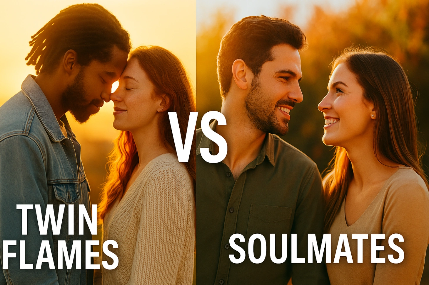 Vibrant split-screen image comparing twin flames and soulmates, showing two couples in warm golden-hour lighting. The left side depicts a peaceful, intimate twin flame connection, while the right side shows a joyful soulmate couple smiling at each other. Text labels read Twin Flames, Soulmates, and VS in the center.