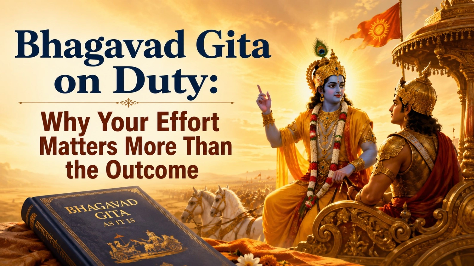 Lord Krishna guiding Arjuna on a golden chariot with Bhagavad Gita book and bold blog title on duty, karma and effort.