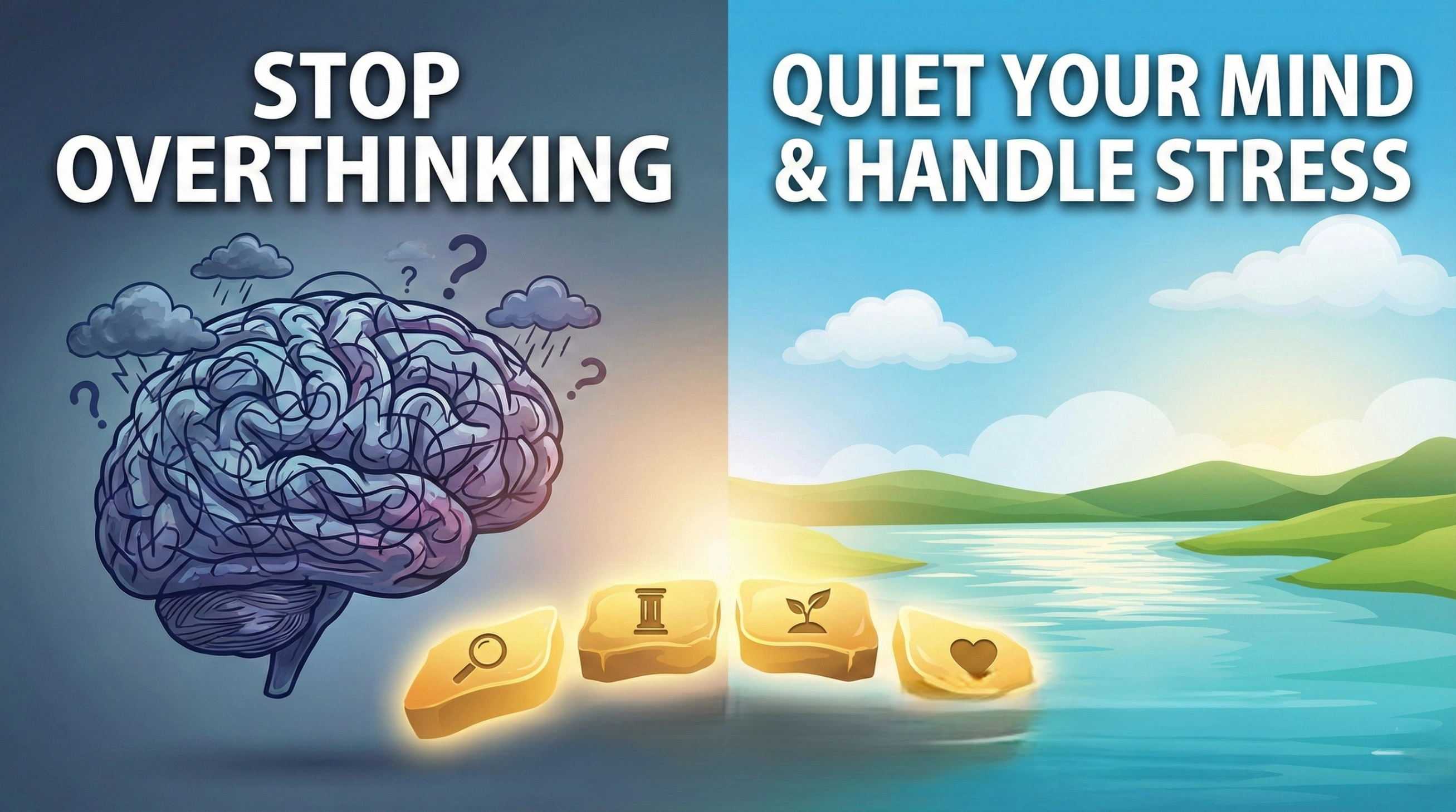 Split-screen illustration titled Stop Overthinking. The left side shows a chaotic, tangled brain with storm clouds, transitioning via four golden stepping stones to a peaceful, sunny landscape on the right, representing 4 attitudes to quiet your mind and handle stress.