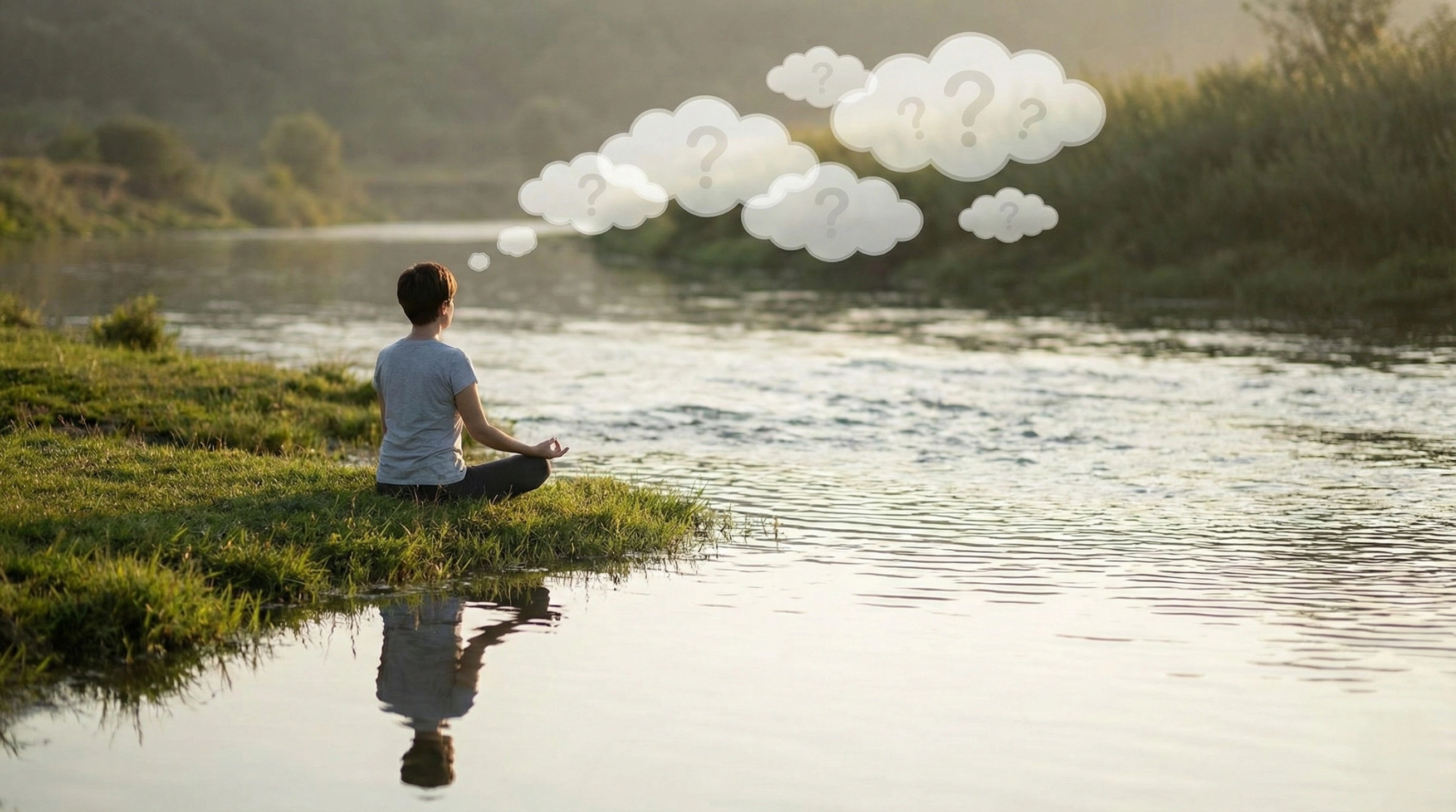 A person sits in a meditative pose on a calm riverbank, observing thought bubbles that look like clouds floating away from them. This illustrates the concept of mindfulness practice and detaching from thoughts to quiet your mind.