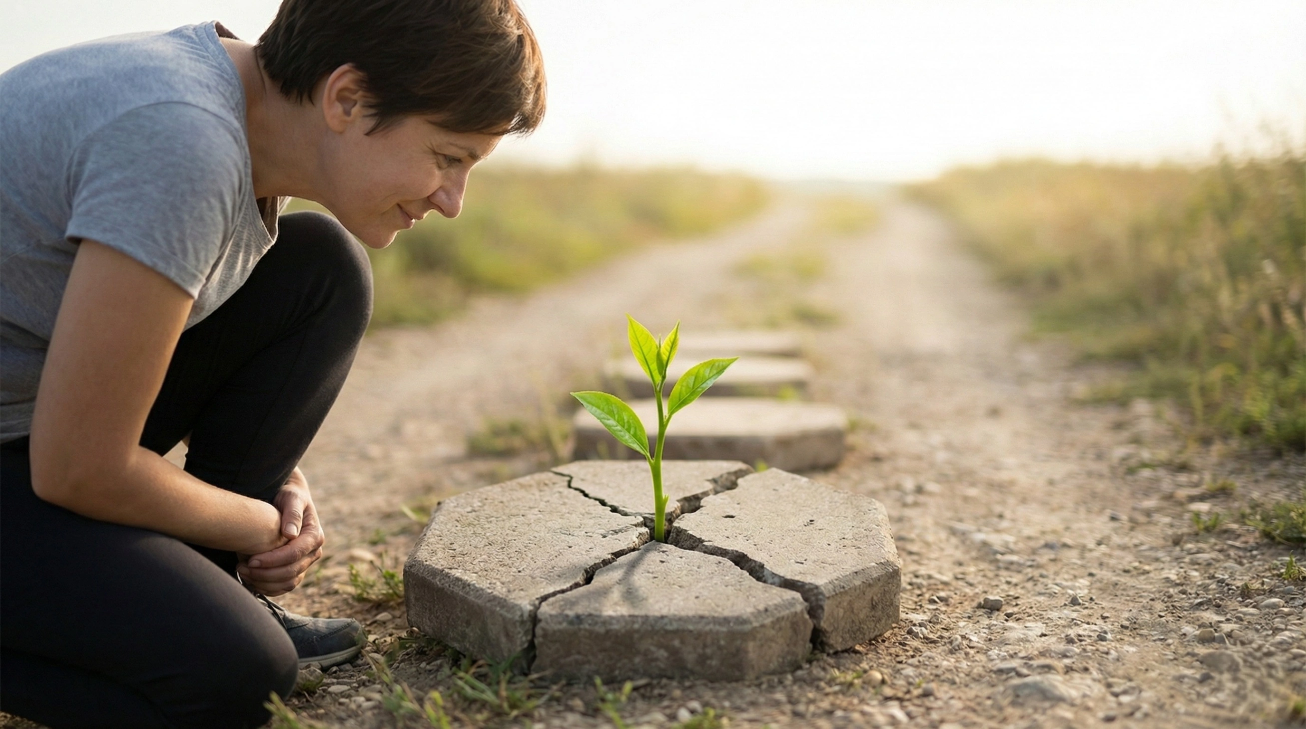 A person crouches on a dirt path, smiling at a fresh green plant sprouting from a crack in a broken stepping stone. This image represents the growth mindset—finding opportunities for learning and personal development even in failure.