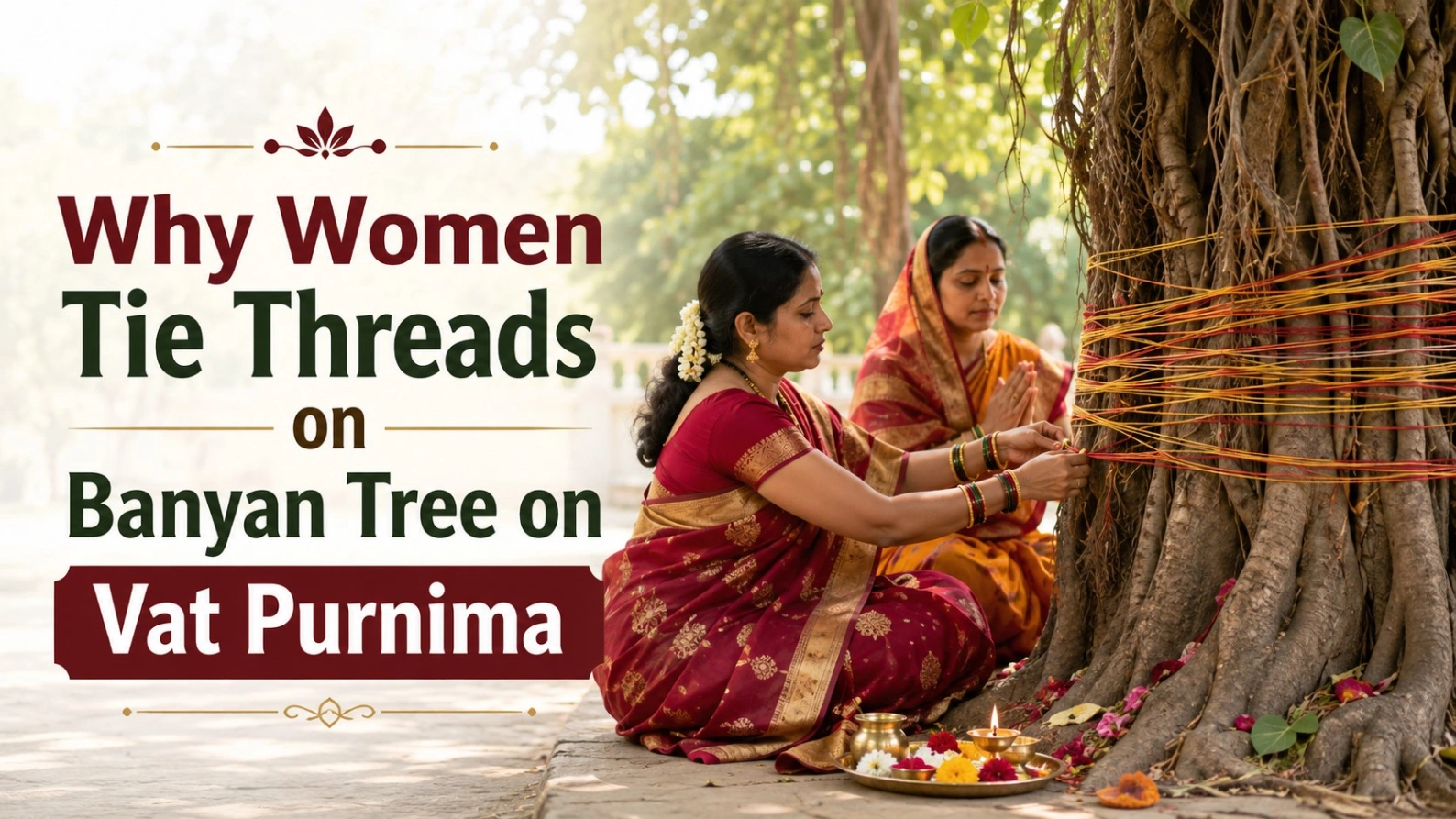 Indian women performing Vat Purnima puja by tying sacred threads around a banyan tree, with flowers, diya, and traditional offerings.