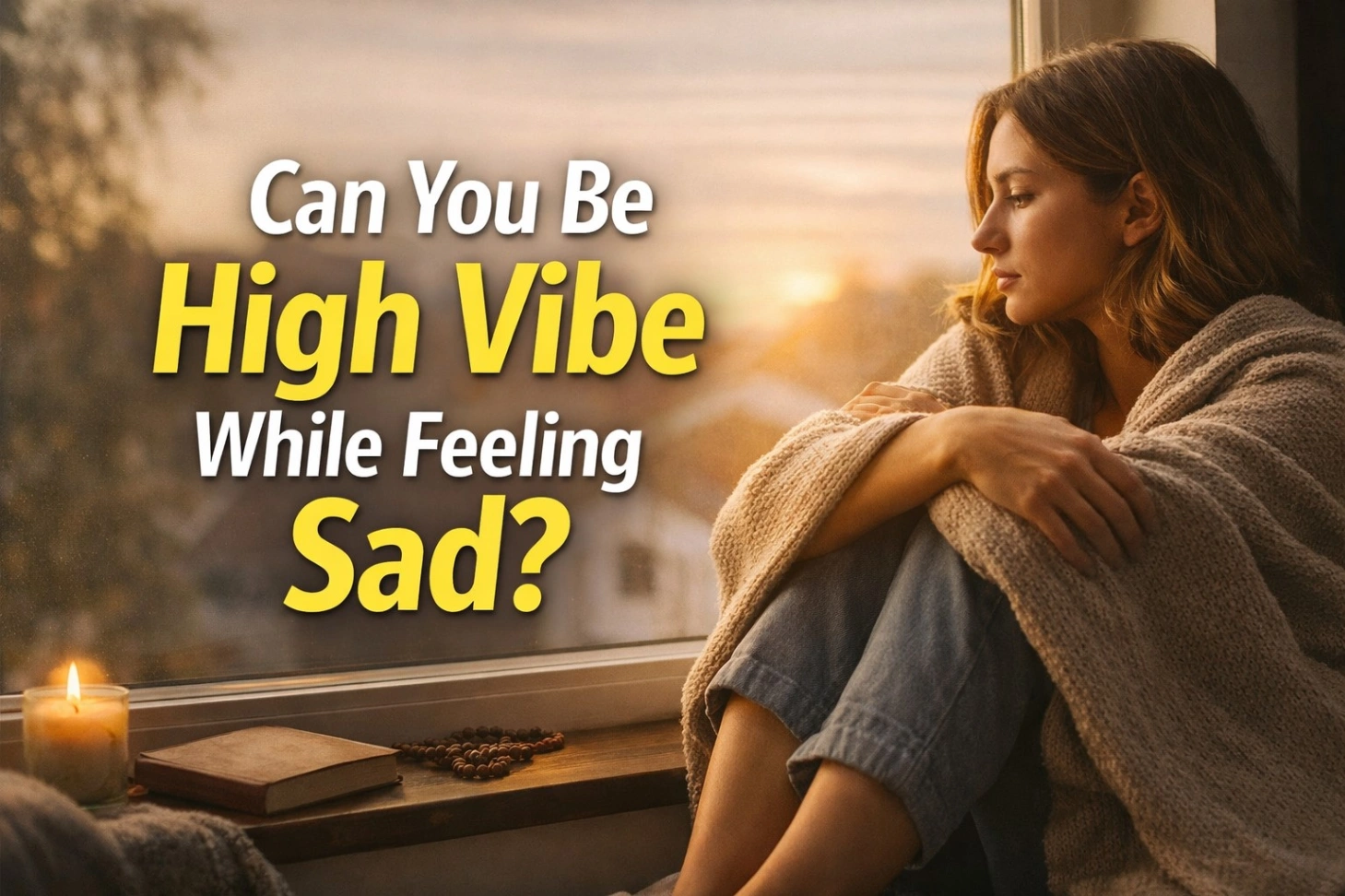 A realistic and minimal 16:9 image showing a person sitting quietly in a calm, moody environment, reflecting inner emotions, with bold text “Can You Be High Vibe While Feeling Sad?” symbolizing emotional awareness and spiritual healing.