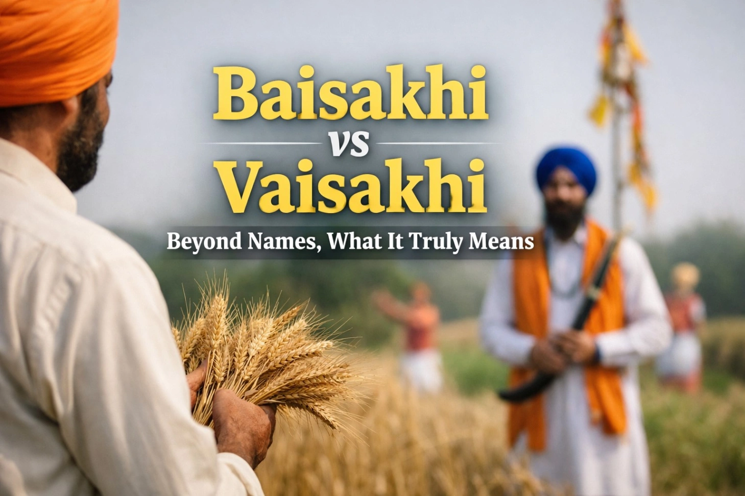 Baisakhi vs Vaisakhi thumbnail showing bold title over a realistic wheat harvest field with Punjabi cultural elements like dhol, diya, and wheat basket, representing the spiritual and cultural meaning of the festival in a warm golden aesthetic.