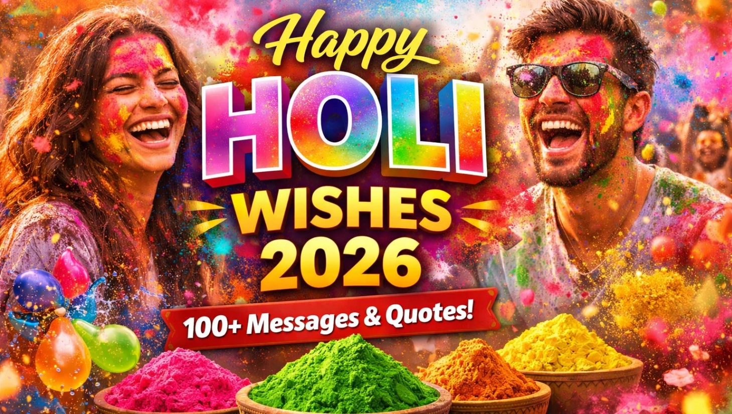 High-CTR 16:9 Holi 2026 thumbnail featuring a joyful man and woman covered in vibrant pink, green, and yellow colors, with bold text “Happy Holi Wishes 2026” and a red banner reading “100+ Messages & Quotes!” surrounded by colorful gulal bowls and festive splashes in the background.