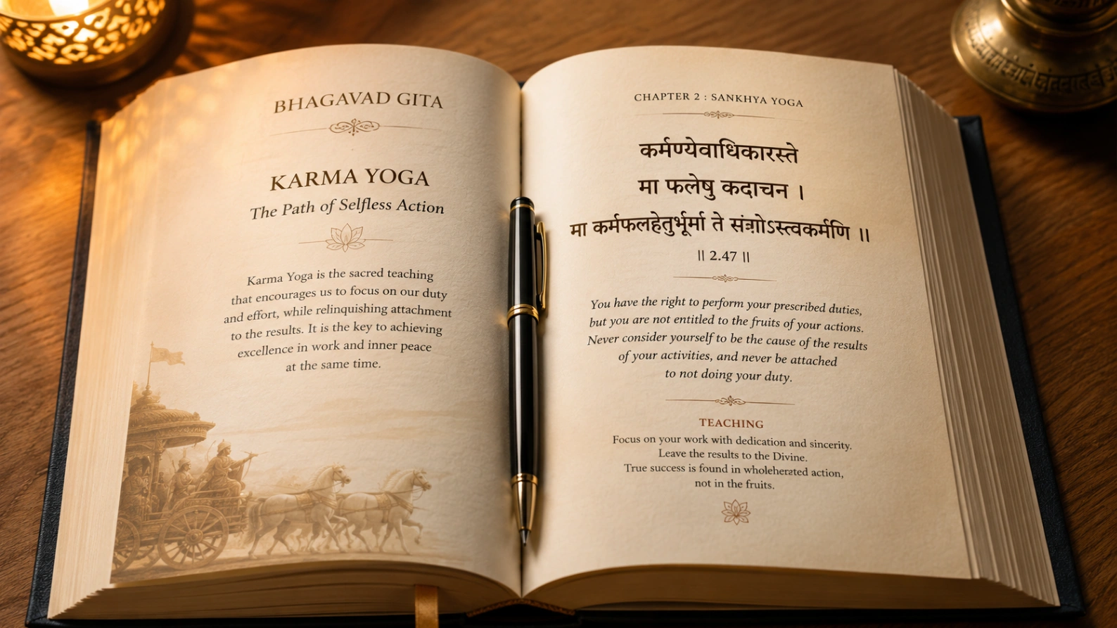 Open Bhagavad Gita book with a pen placed between the pages, showing Karma Yoga wisdom about work success, focused action, duty, and detachment from results.