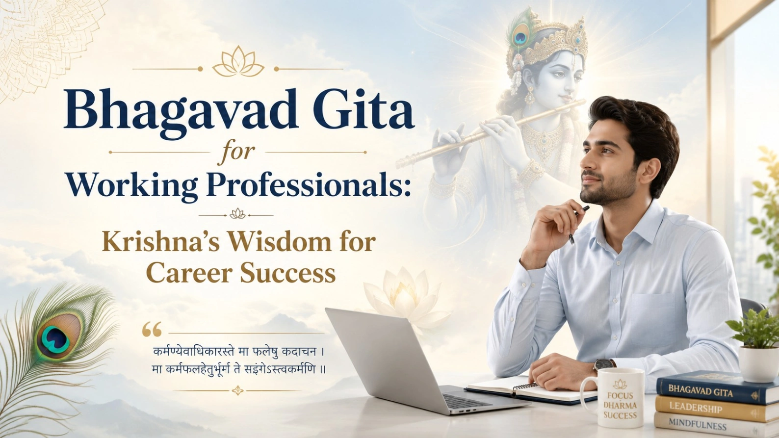 A working professional sitting peacefully at a desk with a laptop, inspired by Lord Krishna and Bhagavad Gita wisdom for career success, focus, stress relief, and work-life balance.