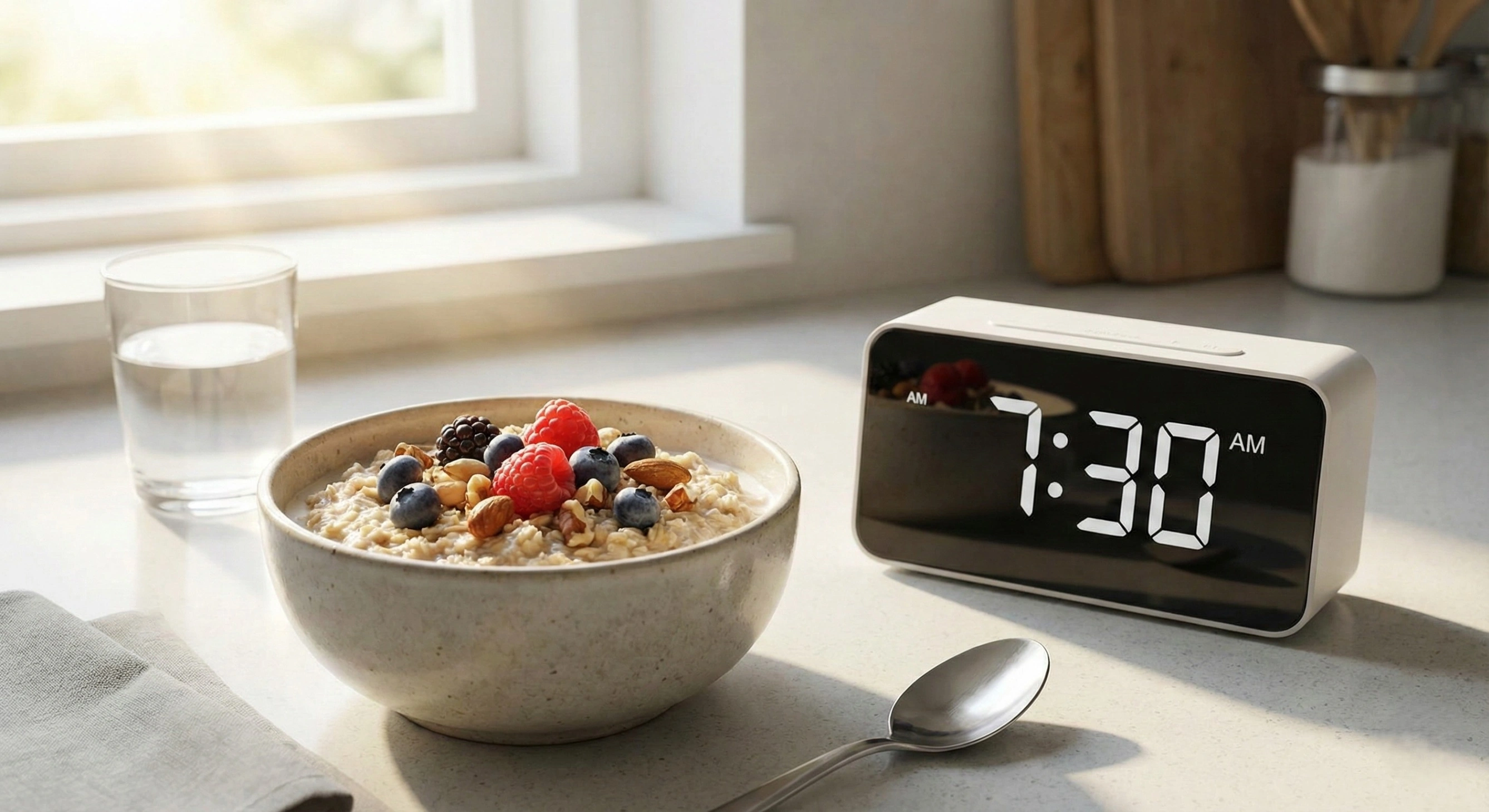 A bowl of oatmeal with berries and a digital alarm clock showing 7:30 AM, illustrating a healthy breakfast time.
