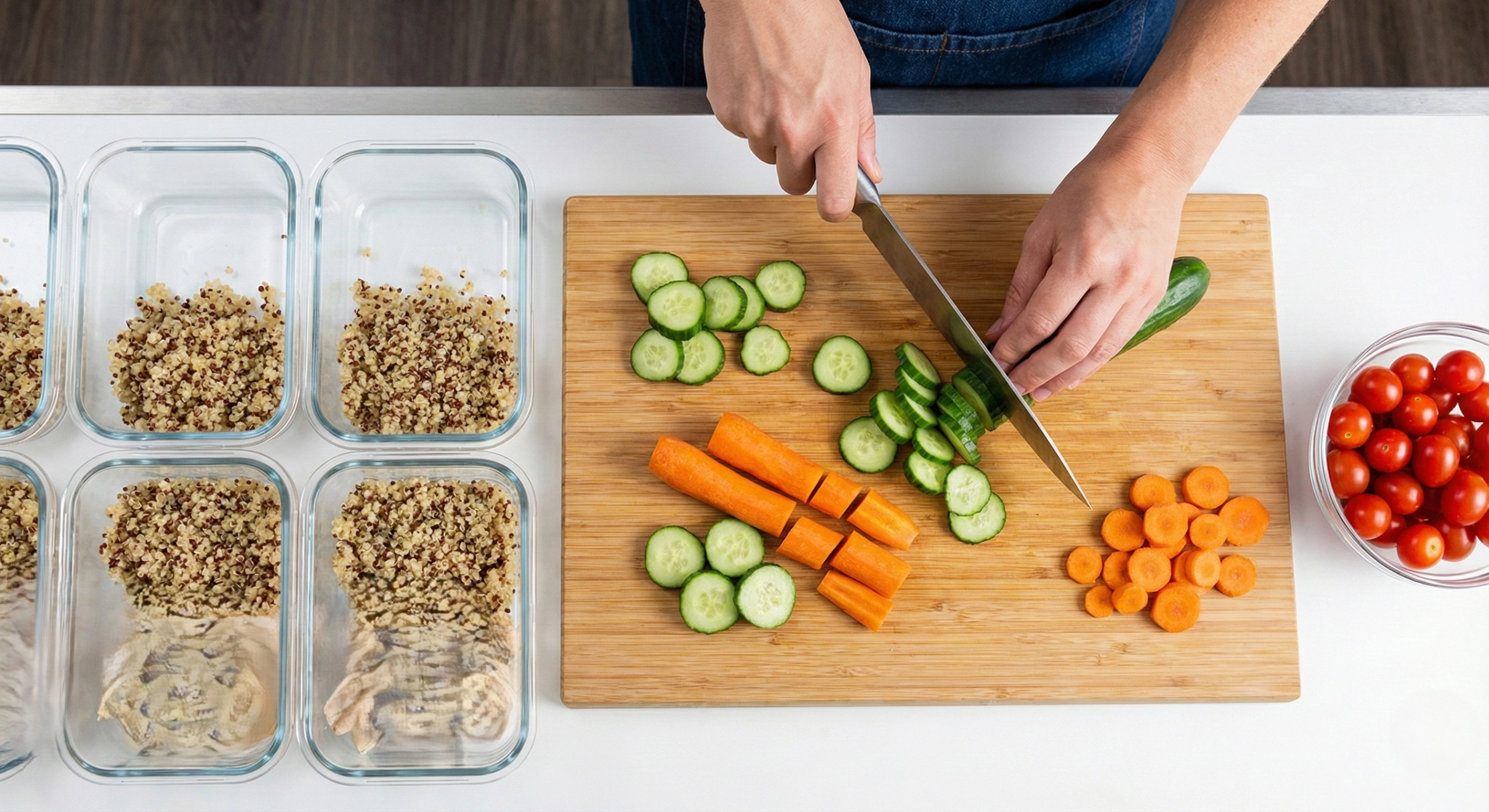 A person chopping vegetables on a cutting board, with several glass meal prep containers filled with quinoa and chicken in the background.