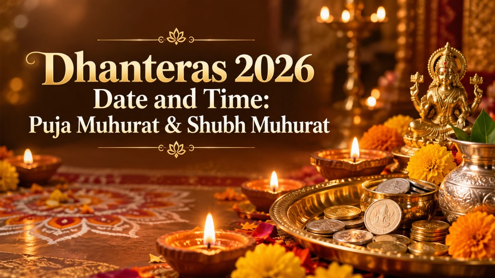Dhanteras 2026 date and time with Puja Muhurat and Shubh Muhurat, featuring glowing diyas, Lakshmi idol, coins, marigold flowers and traditional puja decorations.