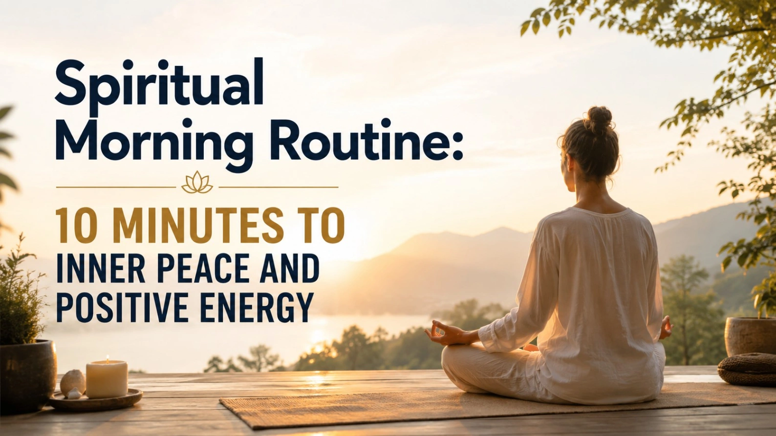 A peaceful sunrise scene showing a woman meditating on a wooden deck with mountains and soft golden light in the background, with bold text reading “Spiritual Morning Routine: 10 Minutes to Inner Peace and Positive Energy.”