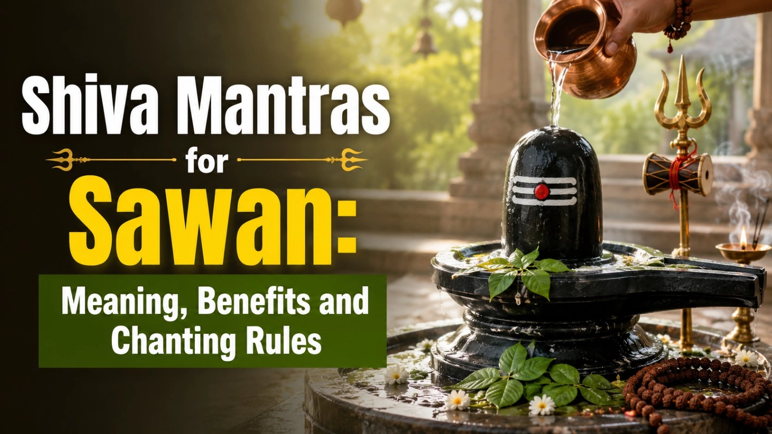 Shivling Jalabhishek during Sawan with bel leaves, rudraksha beads and bold Shiva mantras title.