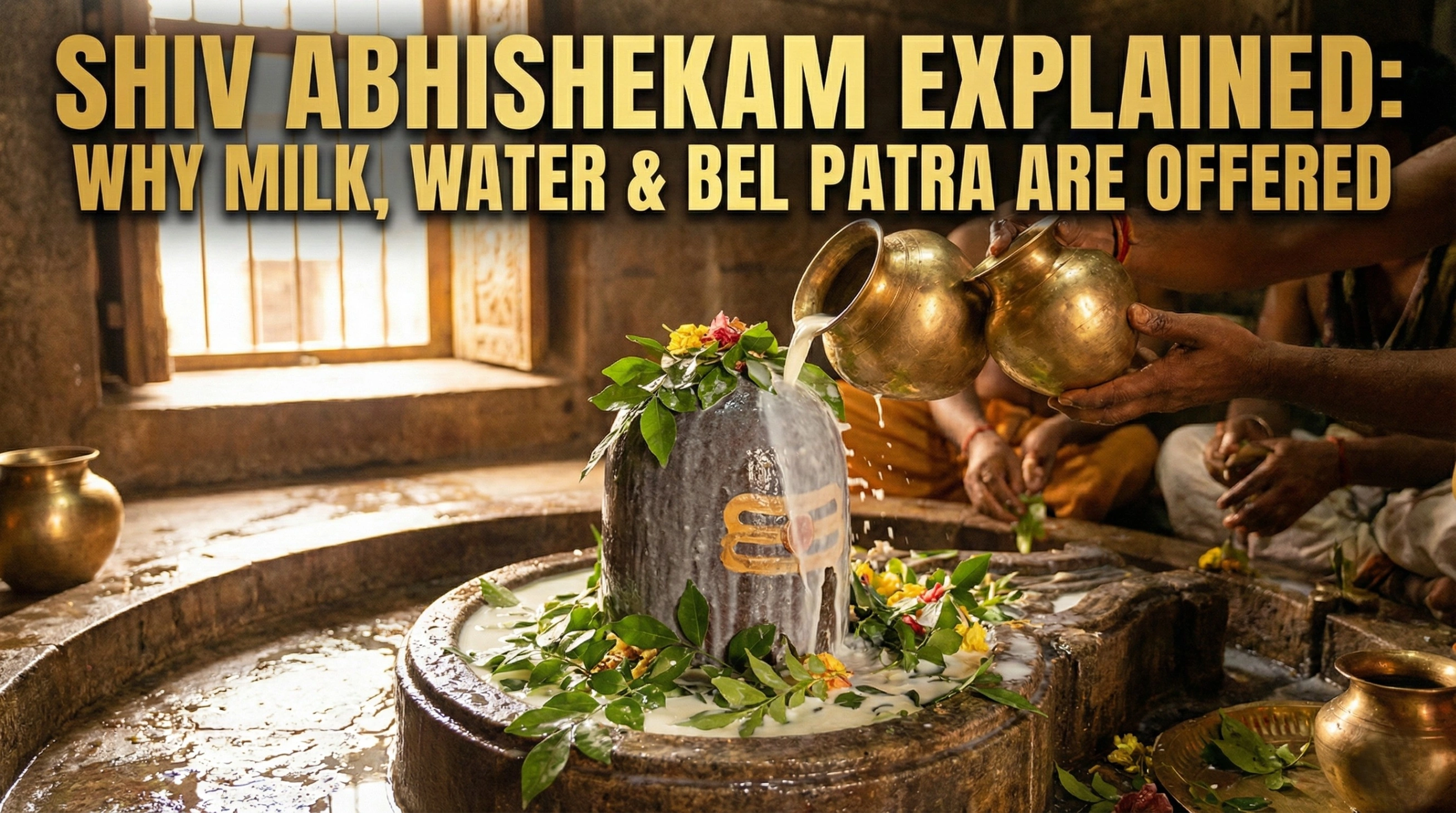 A realistic, close-up image of a black stone Shiva Lingam inside an ancient temple setting. Hands are visible pouring milk from brass pots over the Lingam, which is adorned with green Bel Patra leaves and fresh flowers. Bold, gold text overlays the top of the image reading: 