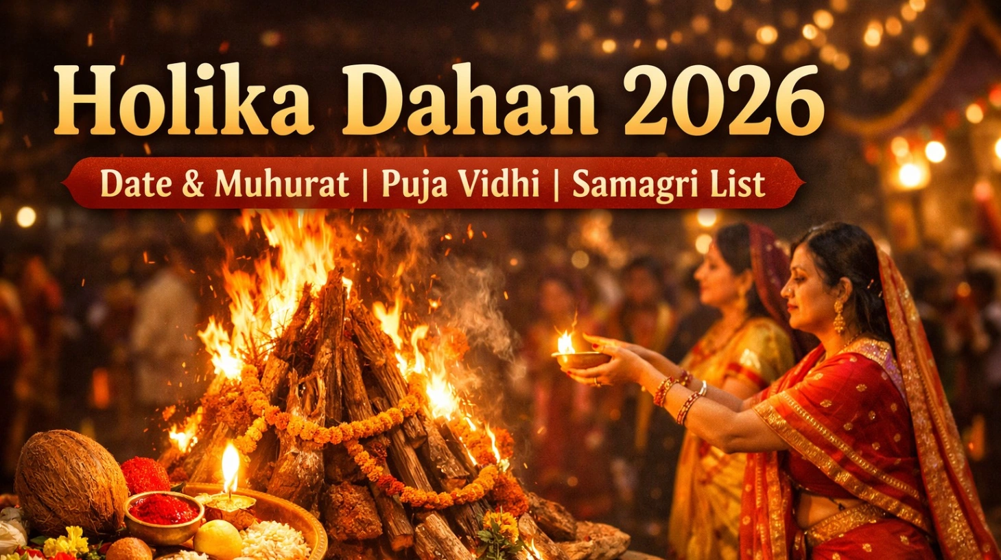 High-CTR 16:9 thumbnail of Holika Dahan 2026 showing a glowing bonfire at night, women in traditional sarees performing puja with diya, and a decorated thali in the foreground, with bold title text “Holika Dahan 2026 – Date & Muhurat | Puja Vidhi | Samagri List” displayed prominently.