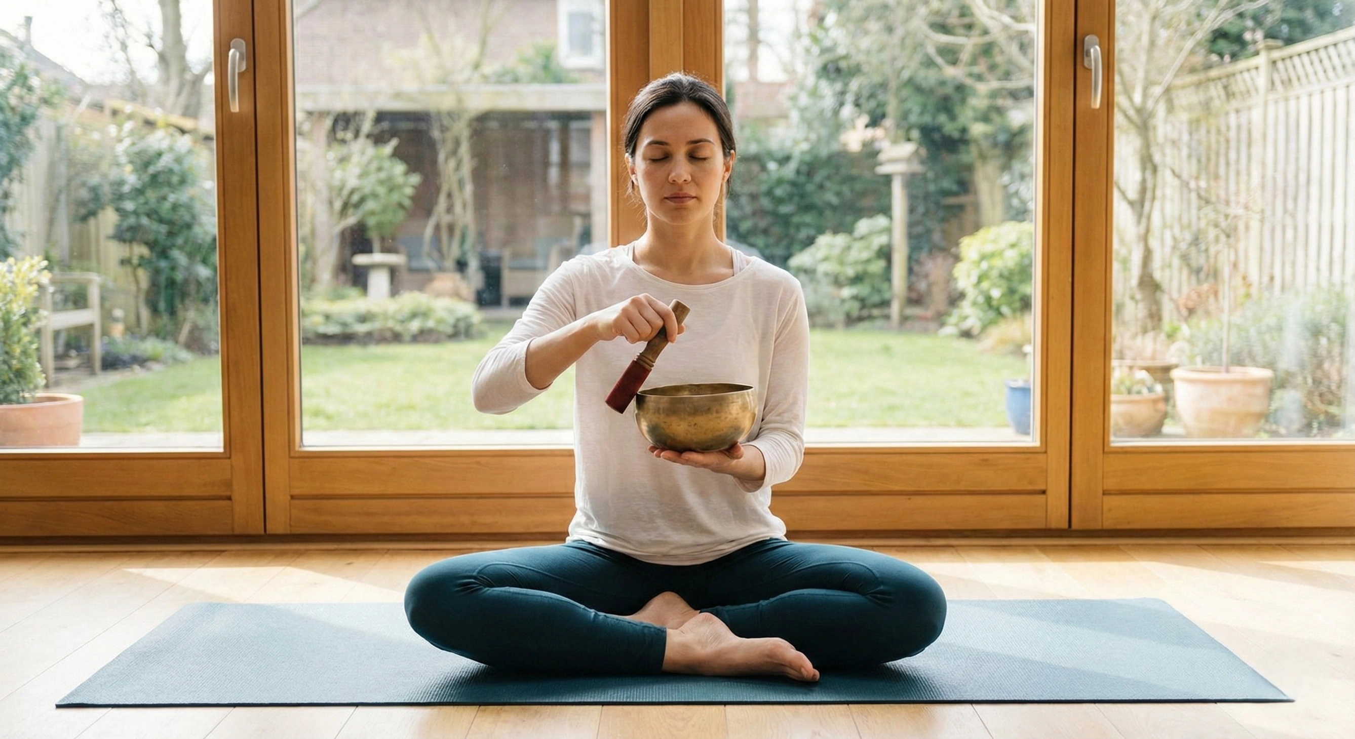 A woman sitting in a meditative pose on a yoga mat, gently striking a Tibetan singing bowl in a sunlit room, representing sound healing and mindfulness.