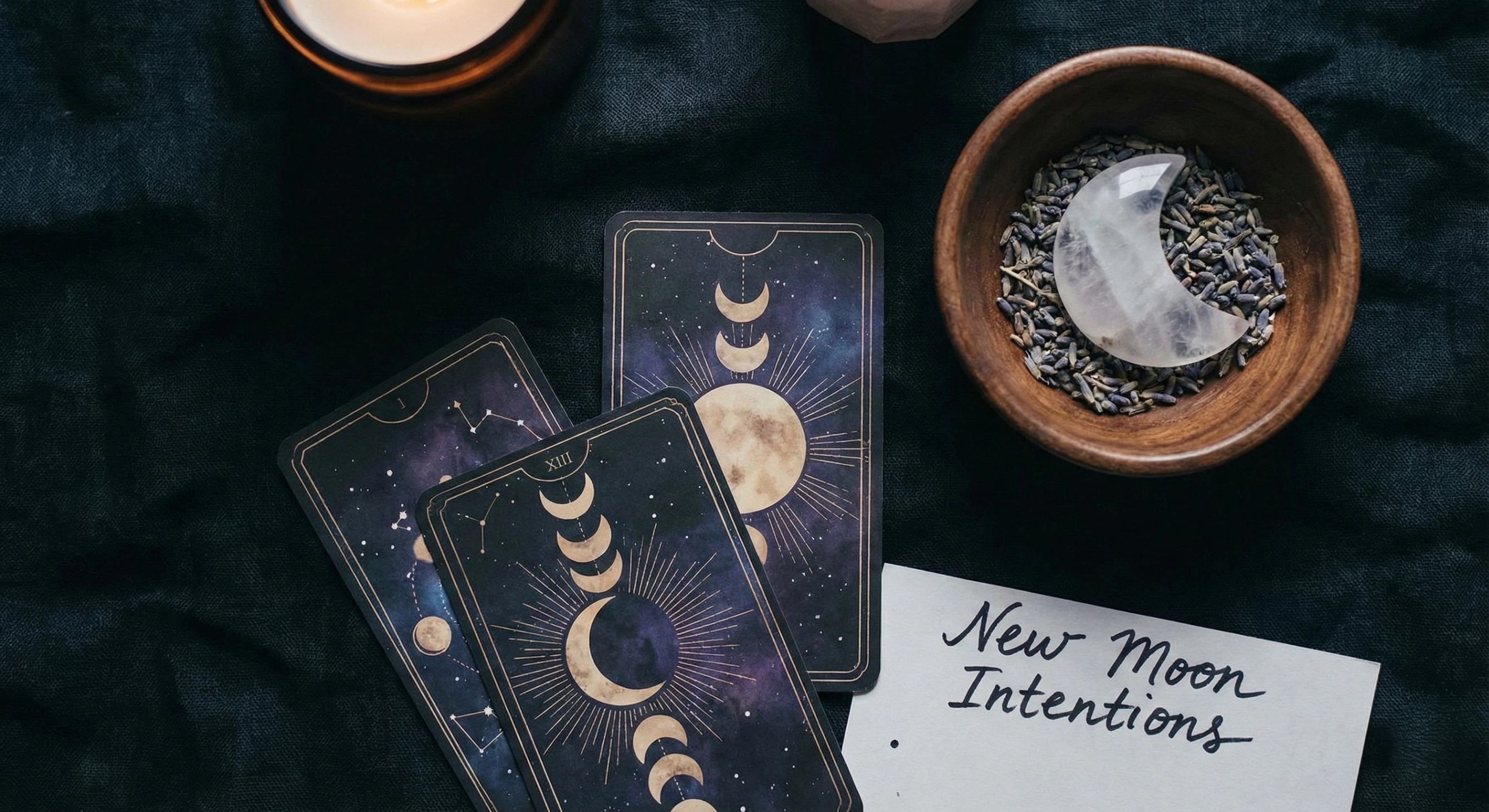 A flat lay of tarot cards with moon illustrations, a bowl with a crystal and herbs, and a note reading