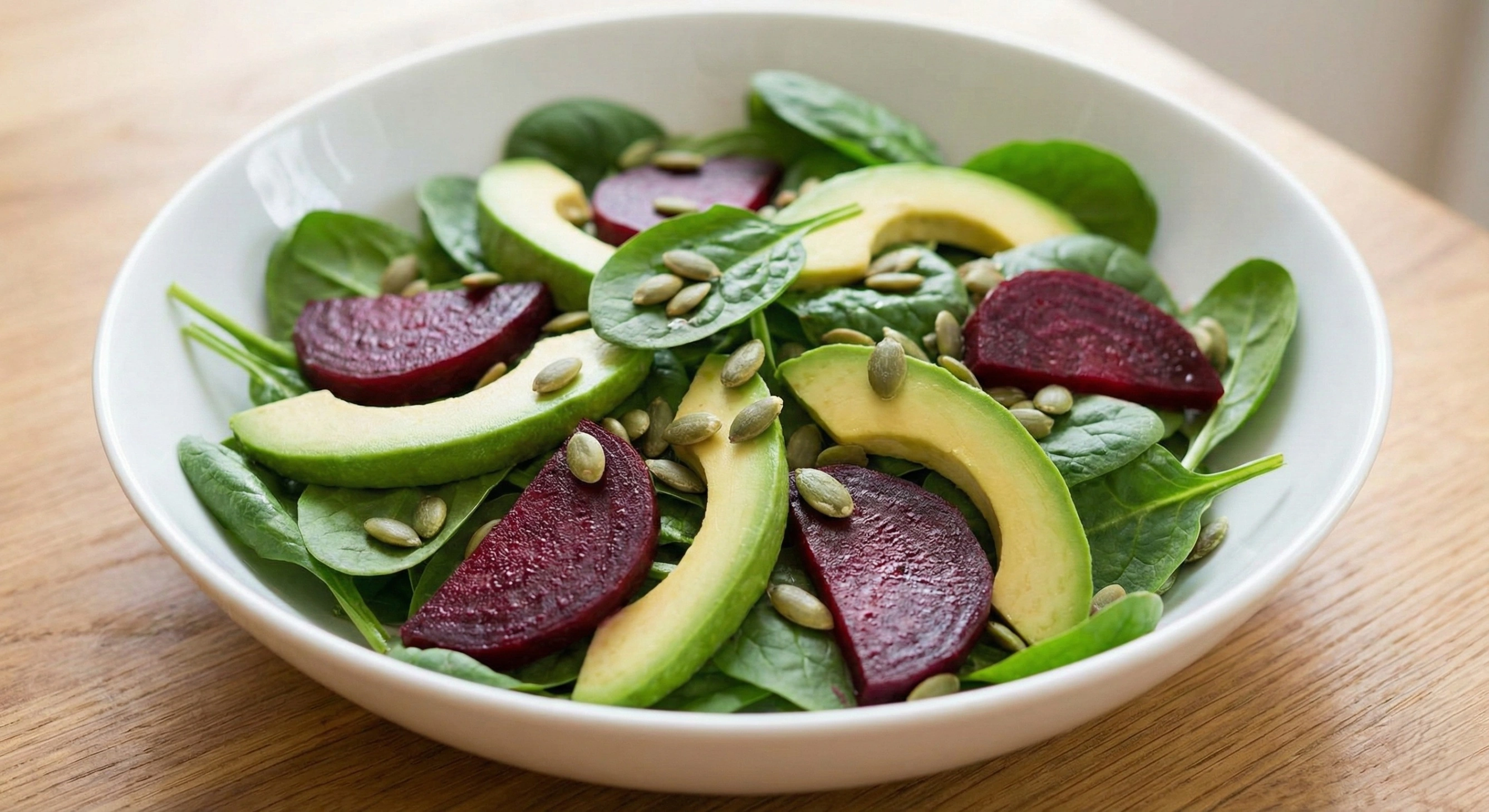 A close-up of a fresh salad with spinach, sliced cooked beetroot, avocado, and pumpkin seeds in a white bowl.