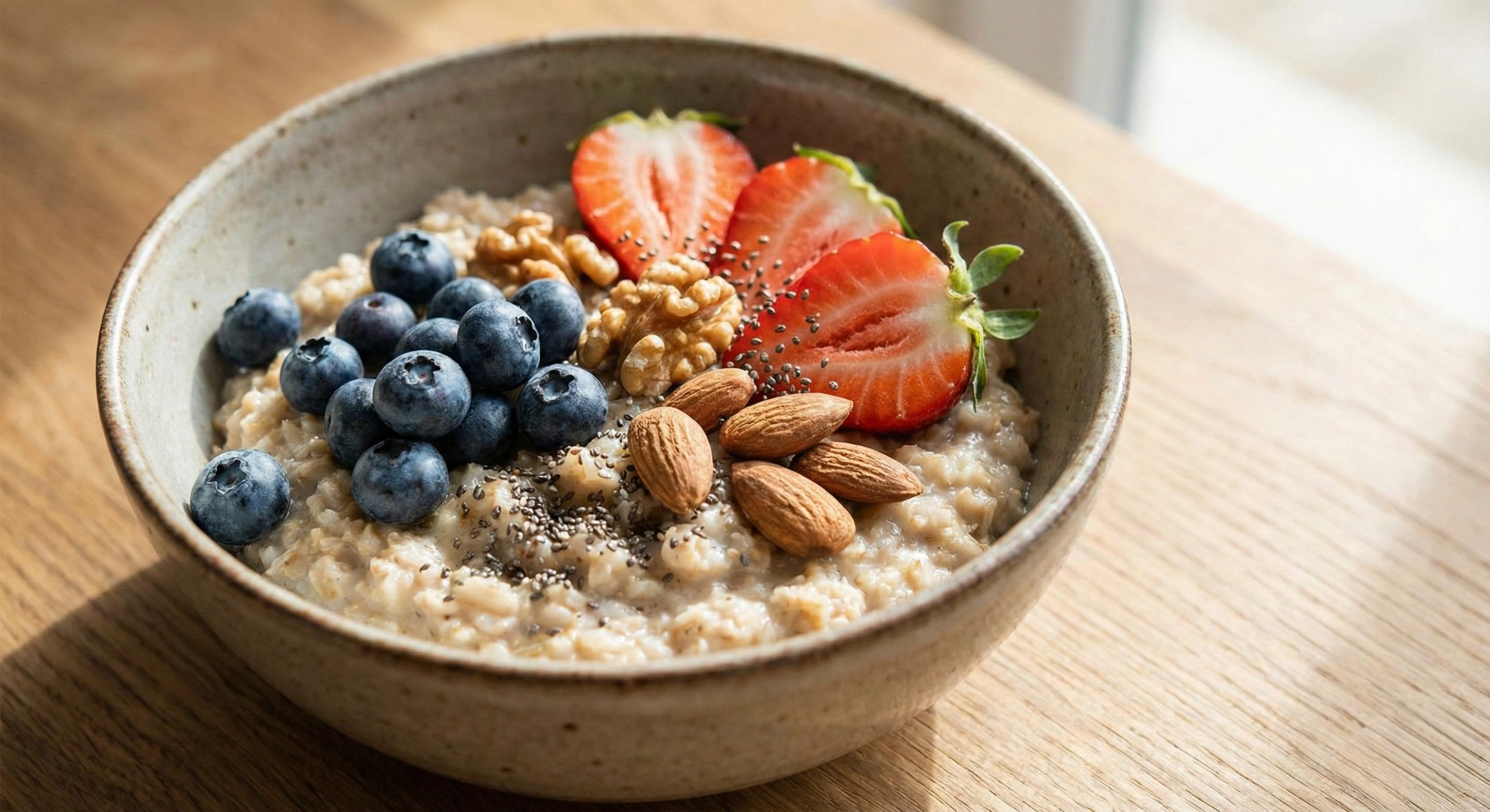 A close-up of a bowl of oatmeal topped with fresh blueberries, strawberries, almonds, walnuts, and chia seeds on a wooden table.